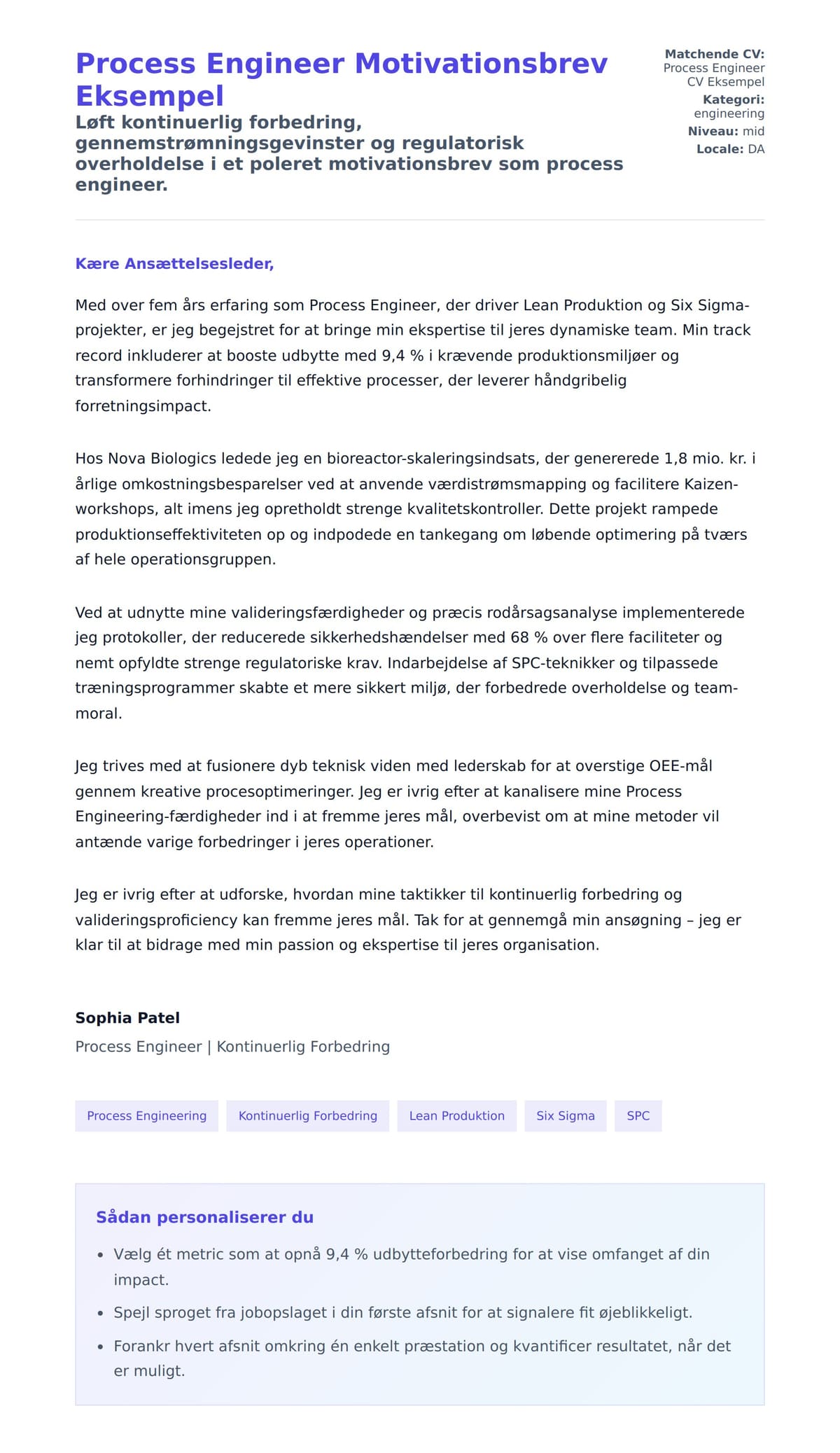Ansøgningsbrev forhåndsvisning for Process Engineer Motivationsbrev Eksempel