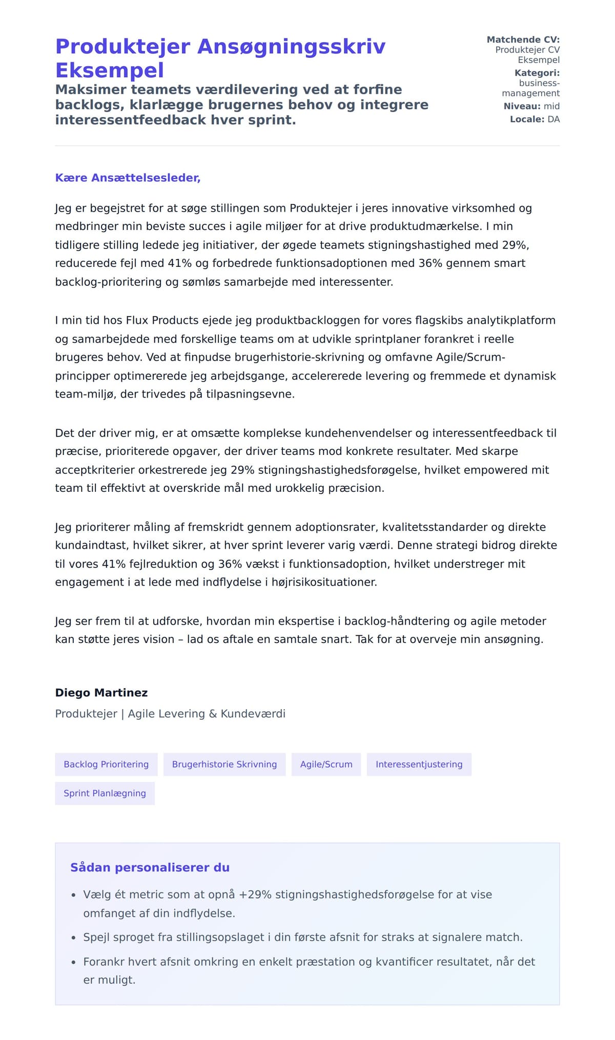 Ansøgningsbrev forhåndsvisning for Produktejer Ansøgningsskriv Eksempel