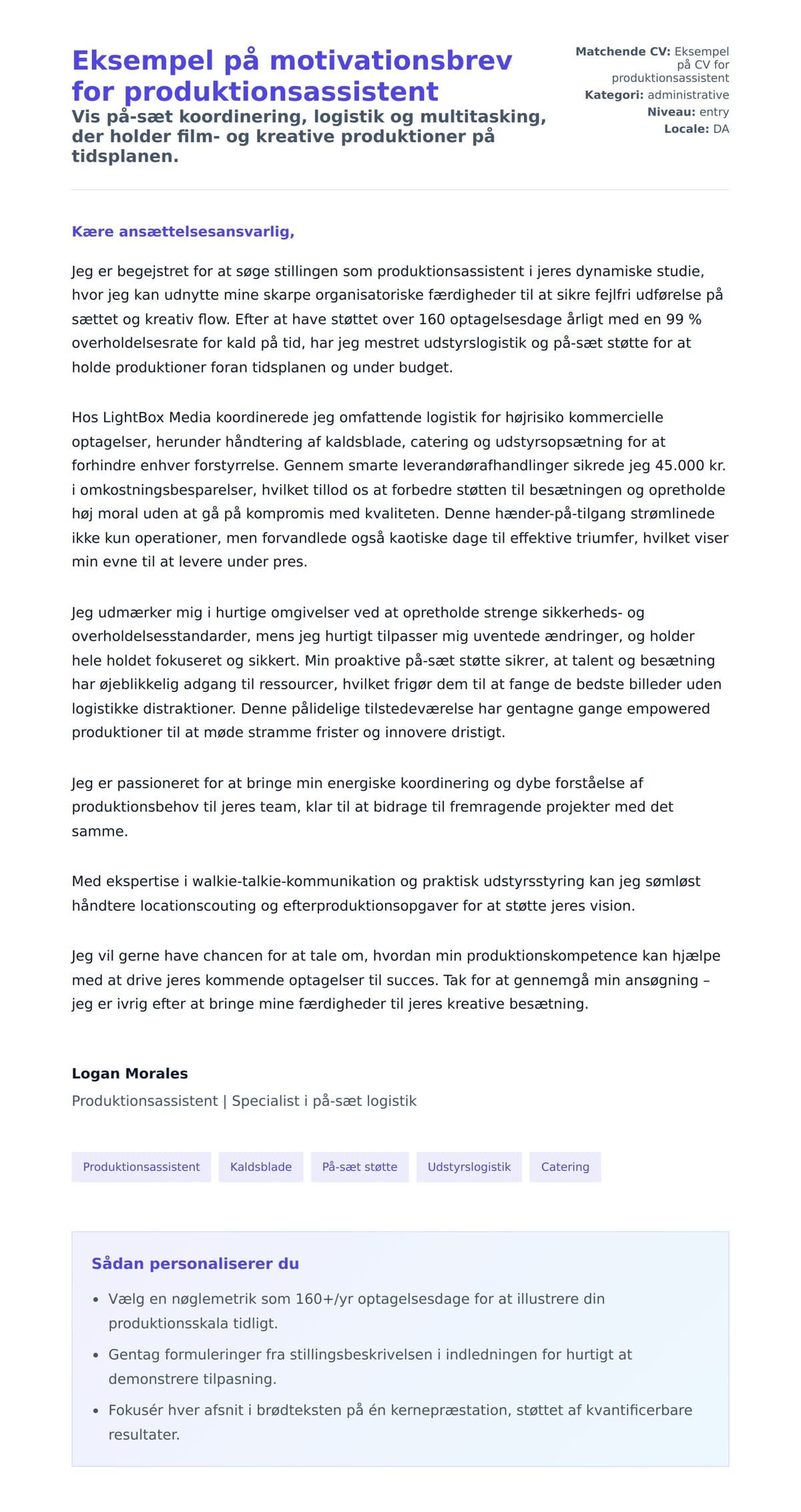 Ansøgningsbrev forhåndsvisning for Eksempel på motivationsbrev for produktionsassistent