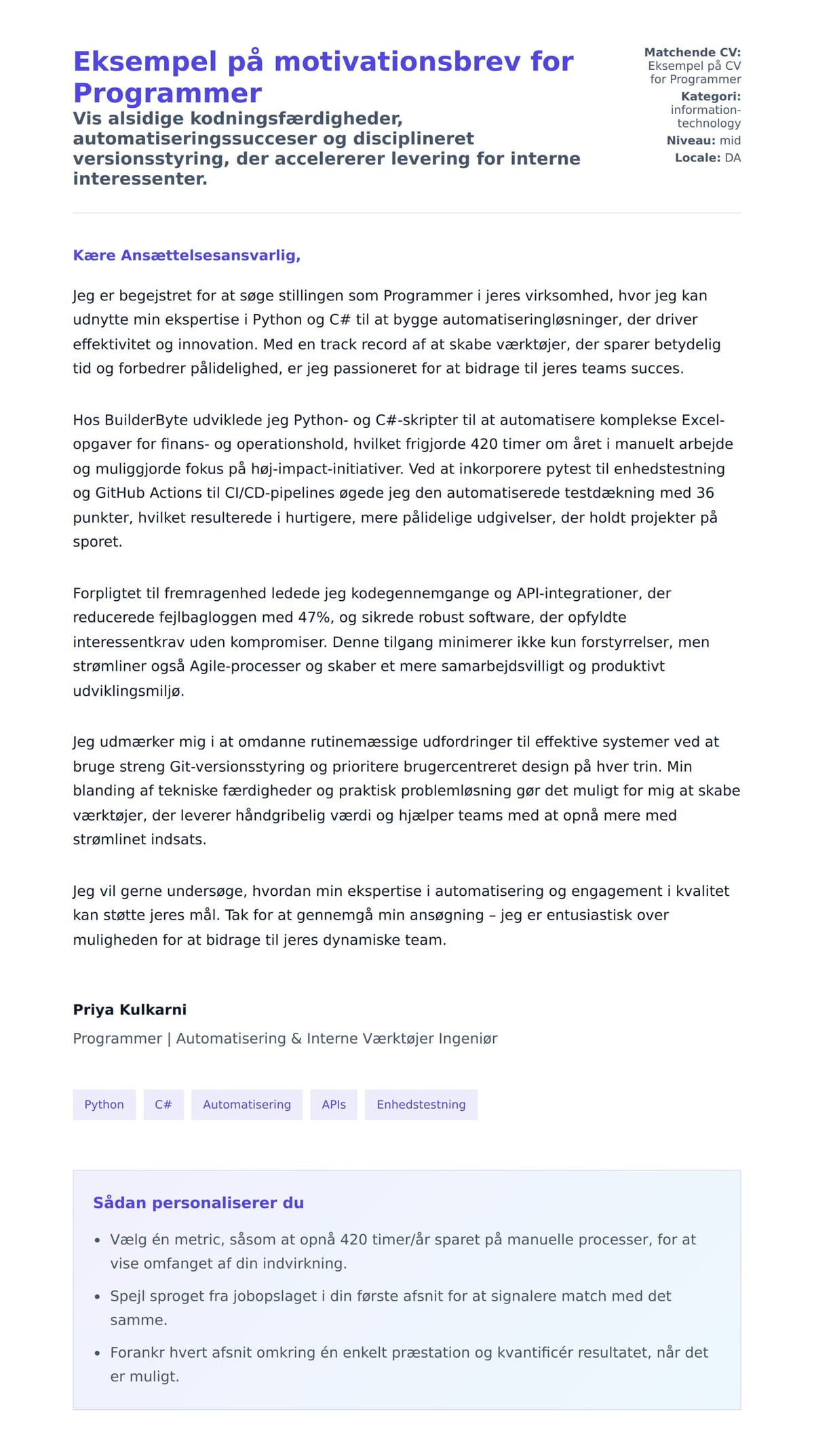 Ansøgningsbrev forhåndsvisning for Eksempel på motivationsbrev for Programmer