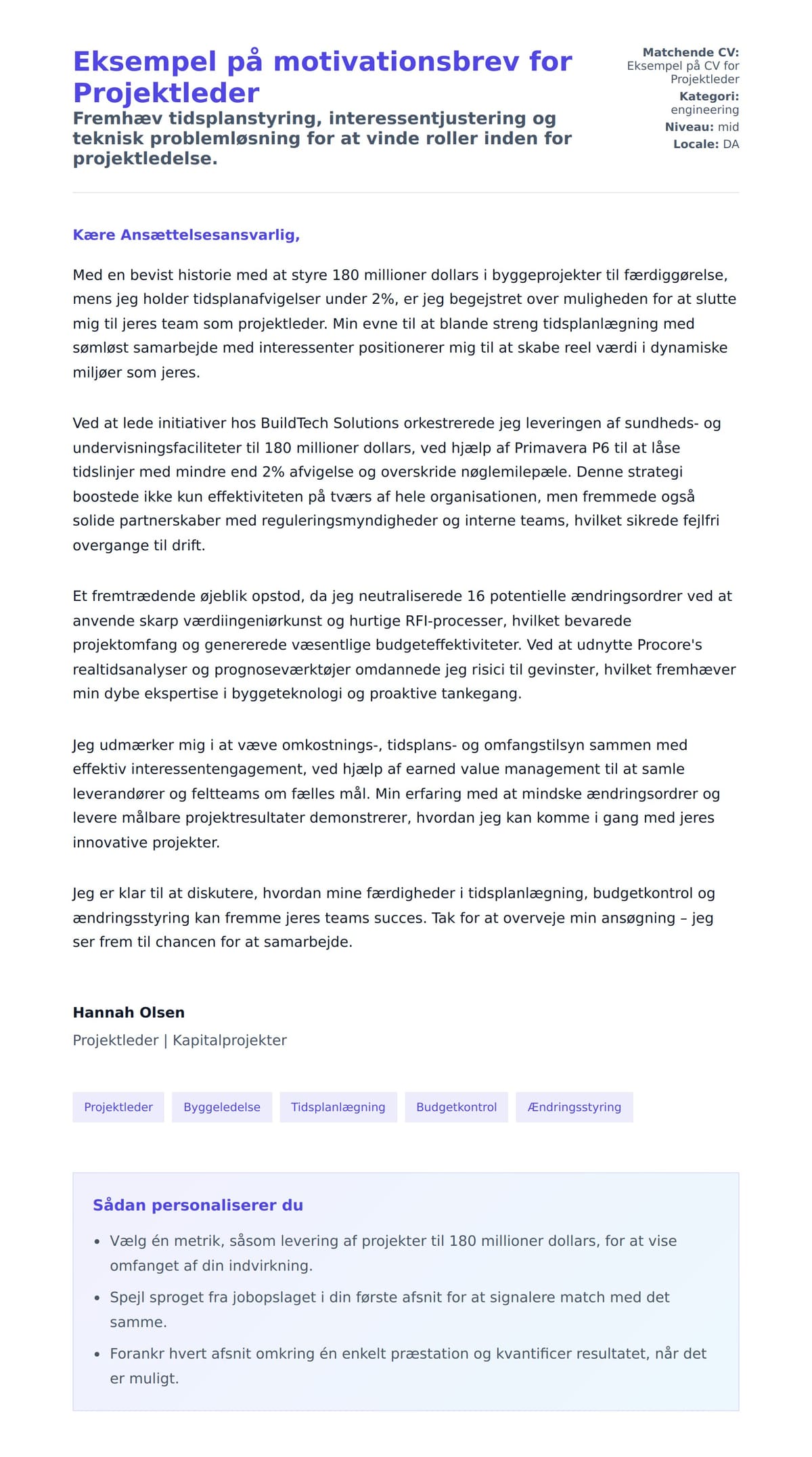 Ansøgningsbrev forhåndsvisning for Eksempel på motivationsbrev for Projektleder