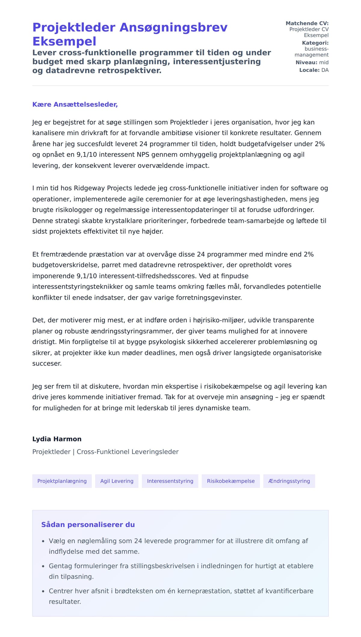 Ansøgningsbrev forhåndsvisning for Projektleder Ansøgningsbrev Eksempel