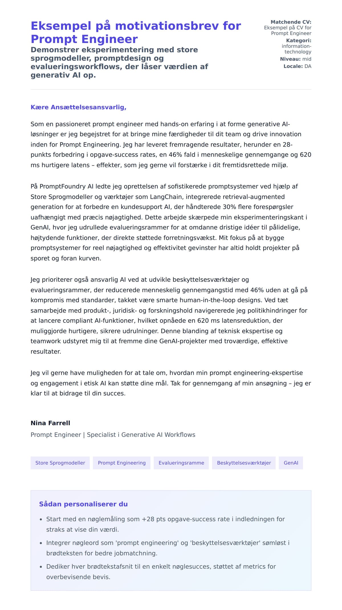 Ansøgningsbrev forhåndsvisning for Eksempel på motivationsbrev for Prompt Engineer