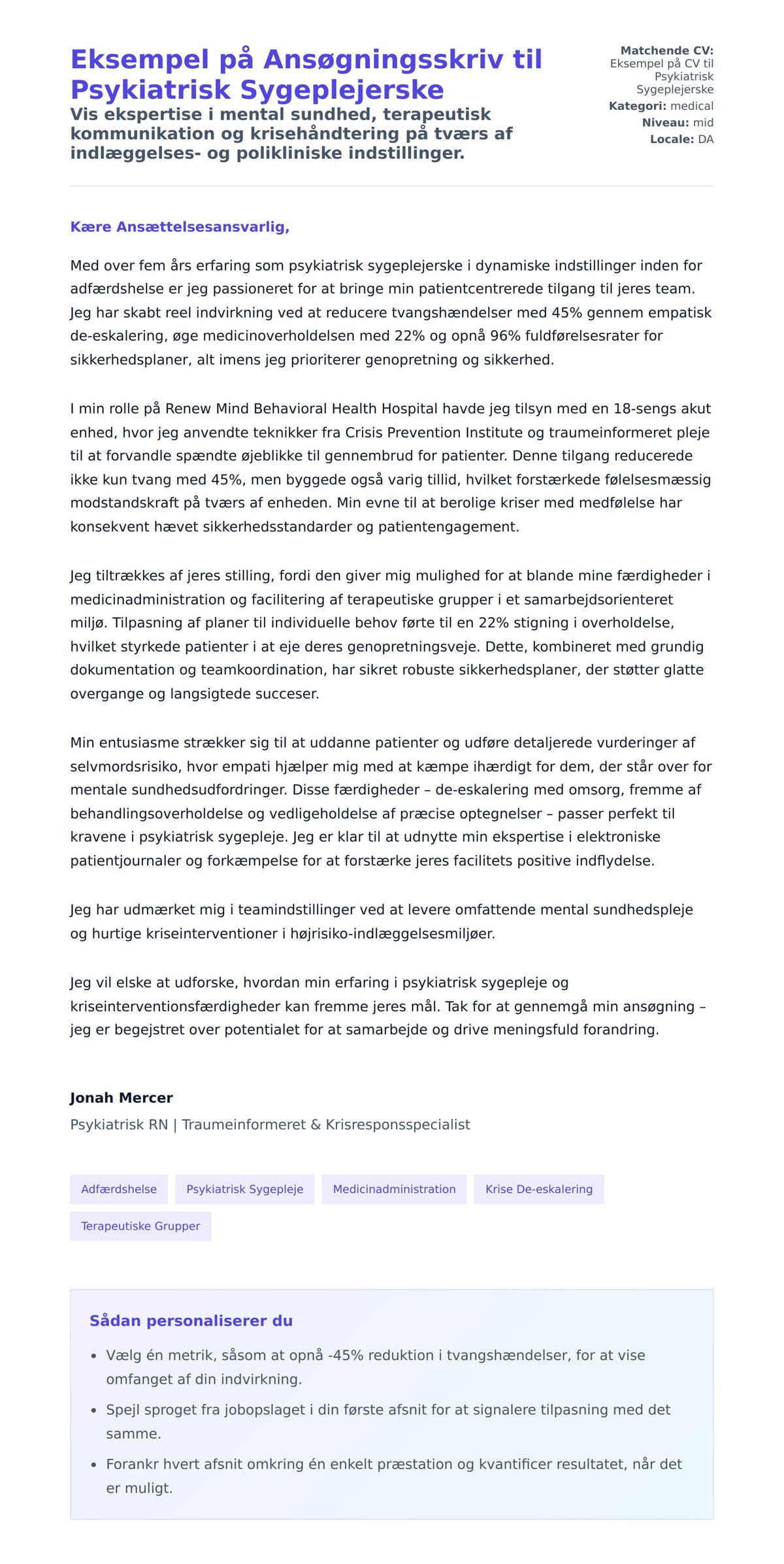 Ansøgningsbrev forhåndsvisning for Eksempel på Ansøgningsskriv til Psykiatrisk Sygeplejerske