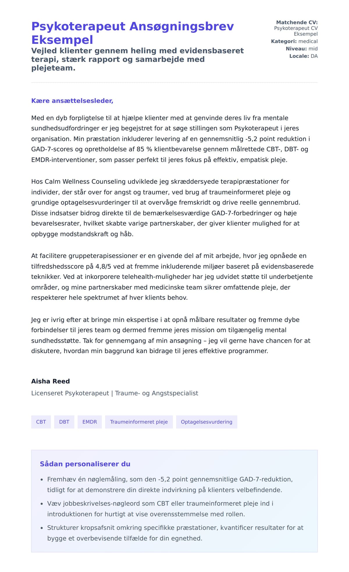 Ansøgningsbrev forhåndsvisning for Psykoterapeut Ansøgningsbrev Eksempel