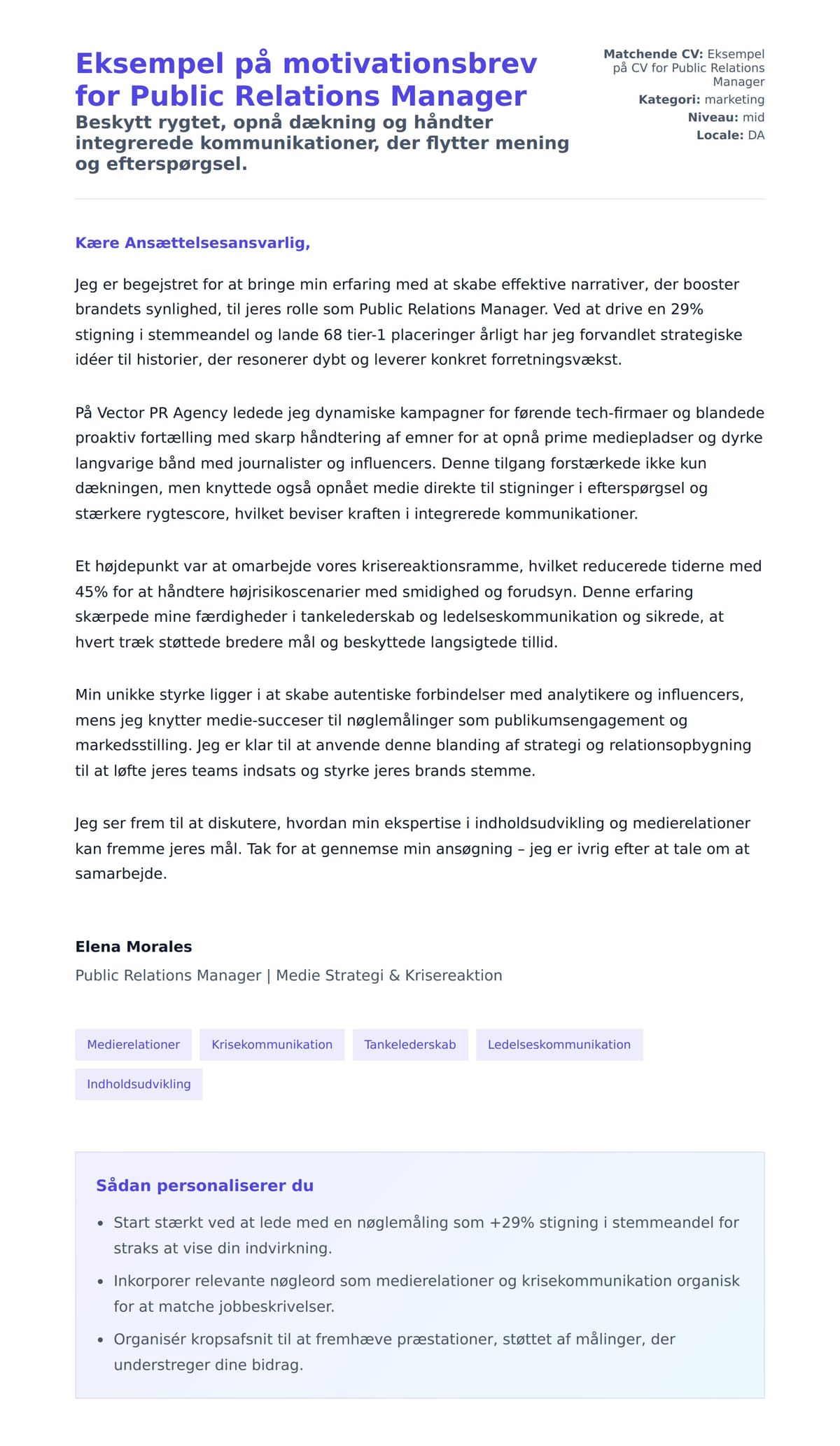 Ansøgningsbrev forhåndsvisning for Eksempel på motivationsbrev for Public Relations Manager