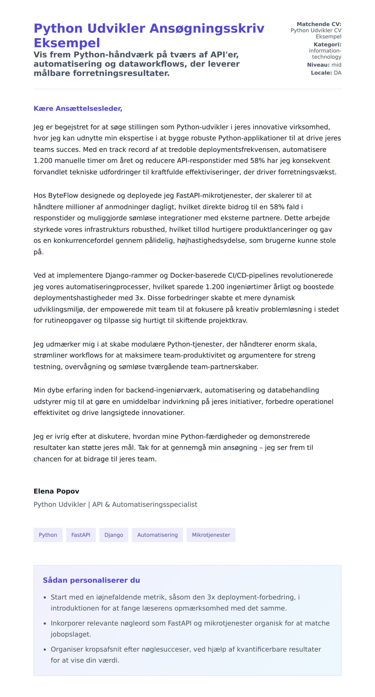 Ansøgningsbrev forhåndsvisning for Python Udvikler Ansøgningsskriv Eksempel