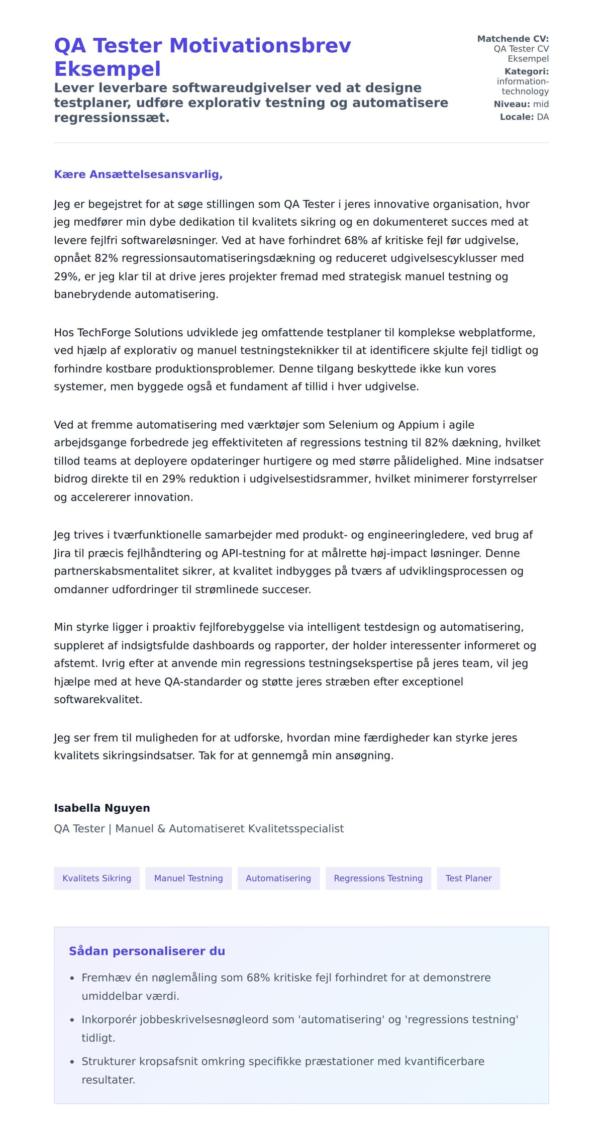 Ansøgningsbrev forhåndsvisning for QA Tester Motivationsbrev Eksempel
