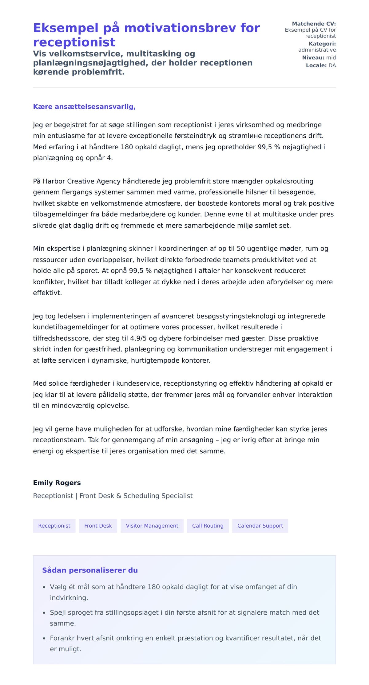 Ansøgningsbrev forhåndsvisning for Eksempel på motivationsbrev for receptionist