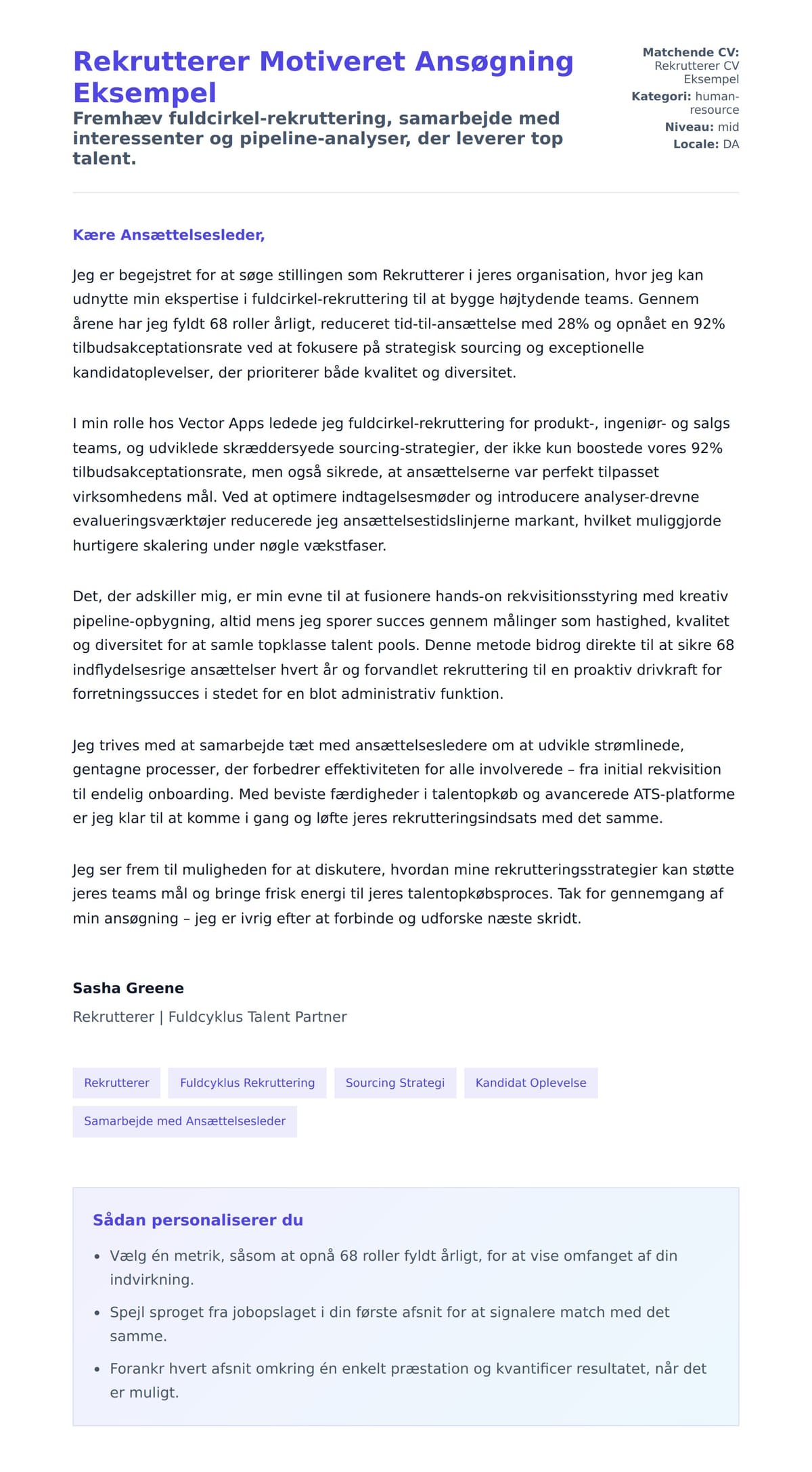 Ansøgningsbrev forhåndsvisning for Rekrutterer Motiveret Ansøgning Eksempel