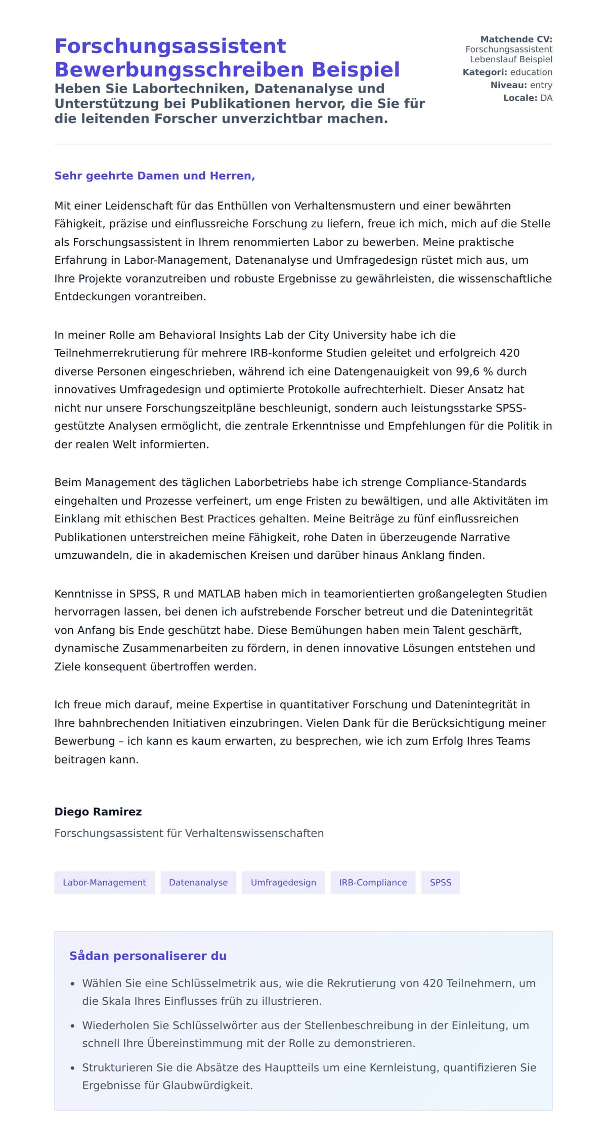 Ansøgningsbrev forhåndsvisning for Forschungsassistent Bewerbungsschreiben Beispiel