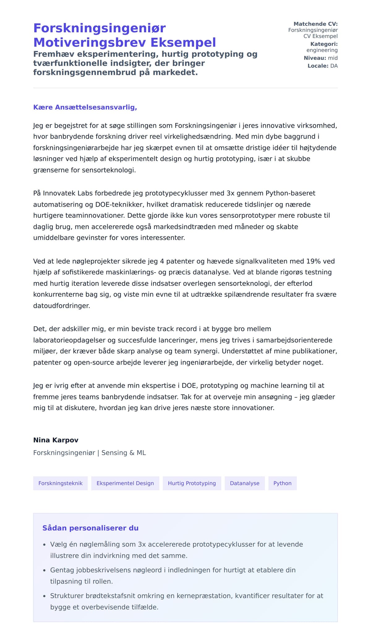 Ansøgningsbrev forhåndsvisning for Forskningsingeniør Motiveringsbrev Eksempel