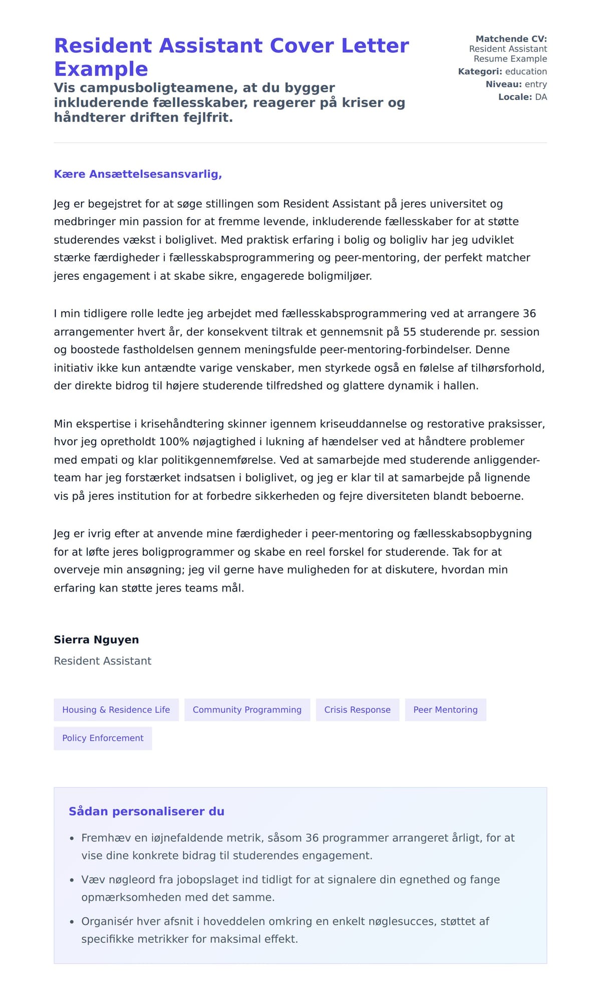 Ansøgningsbrev forhåndsvisning for Resident Assistant Cover Letter Example