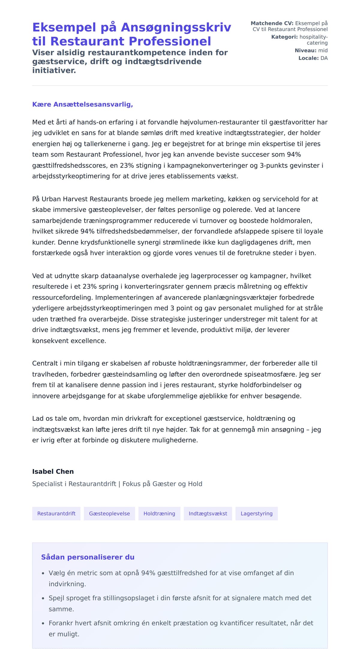 Ansøgningsbrev forhåndsvisning for Eksempel på Ansøgningsskriv til Restaurant Professionel