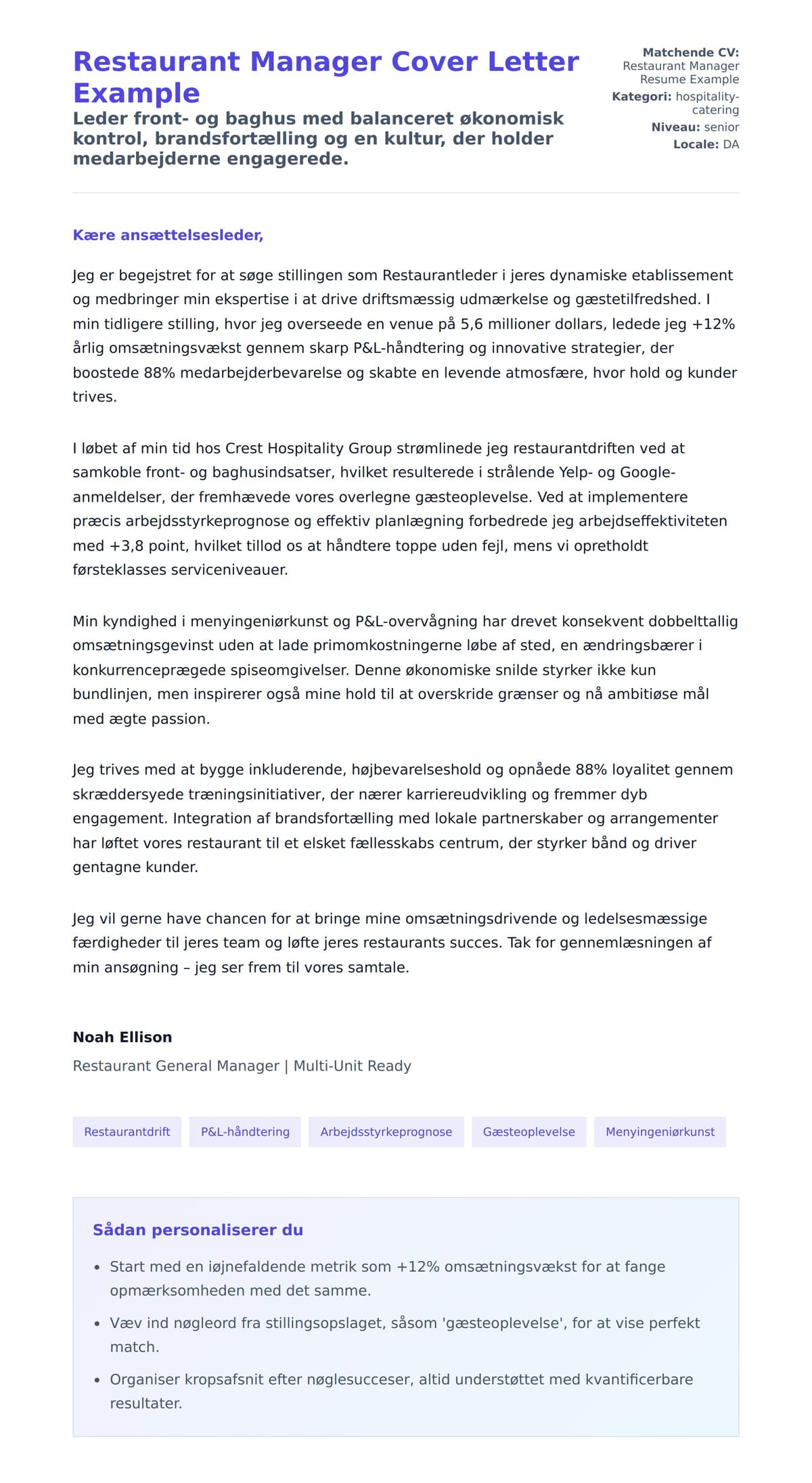 Ansøgningsbrev forhåndsvisning for Restaurant Manager Cover Letter Example