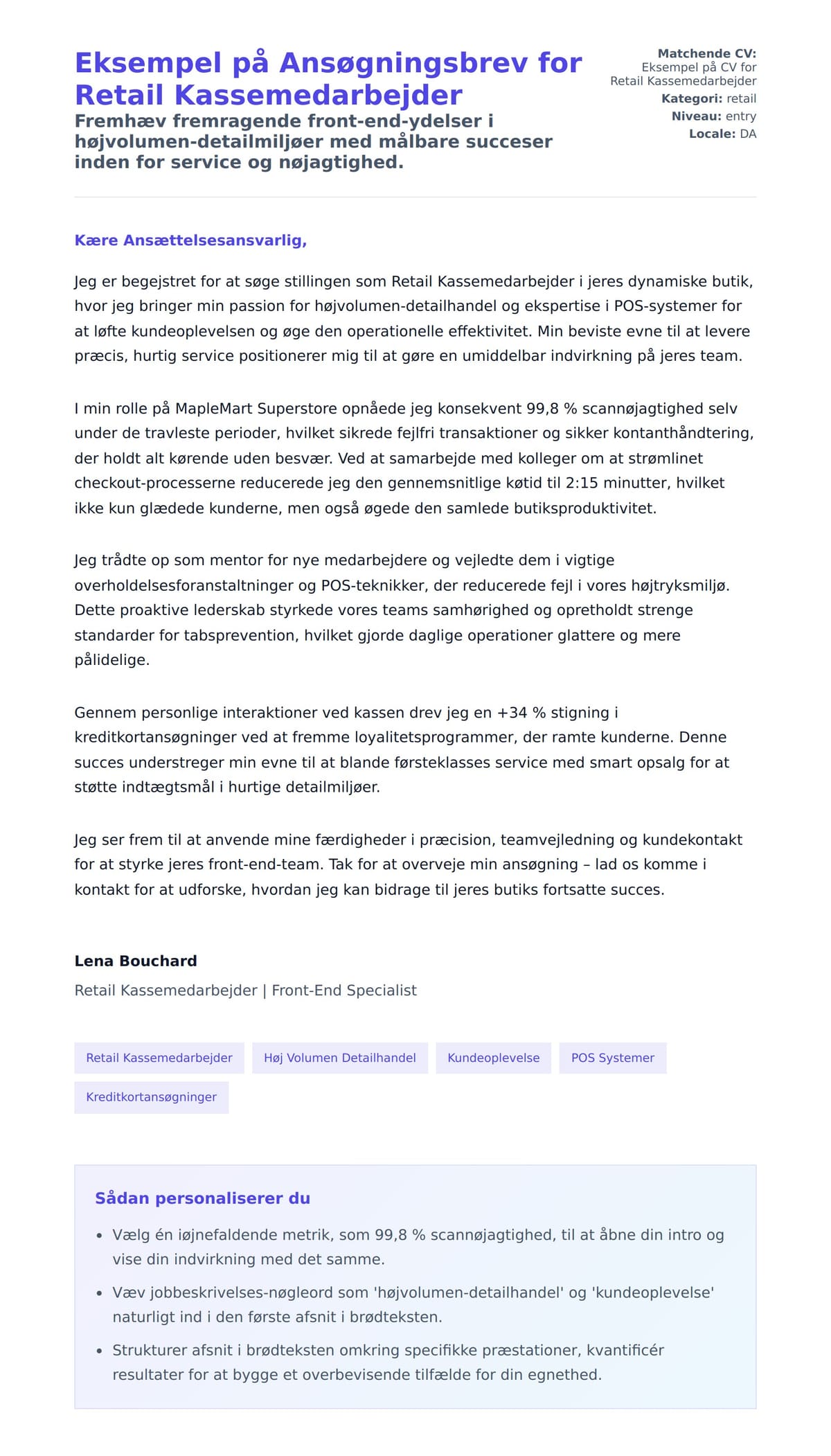 Ansøgningsbrev forhåndsvisning for Eksempel på Ansøgningsbrev for Retail Kassemedarbejder