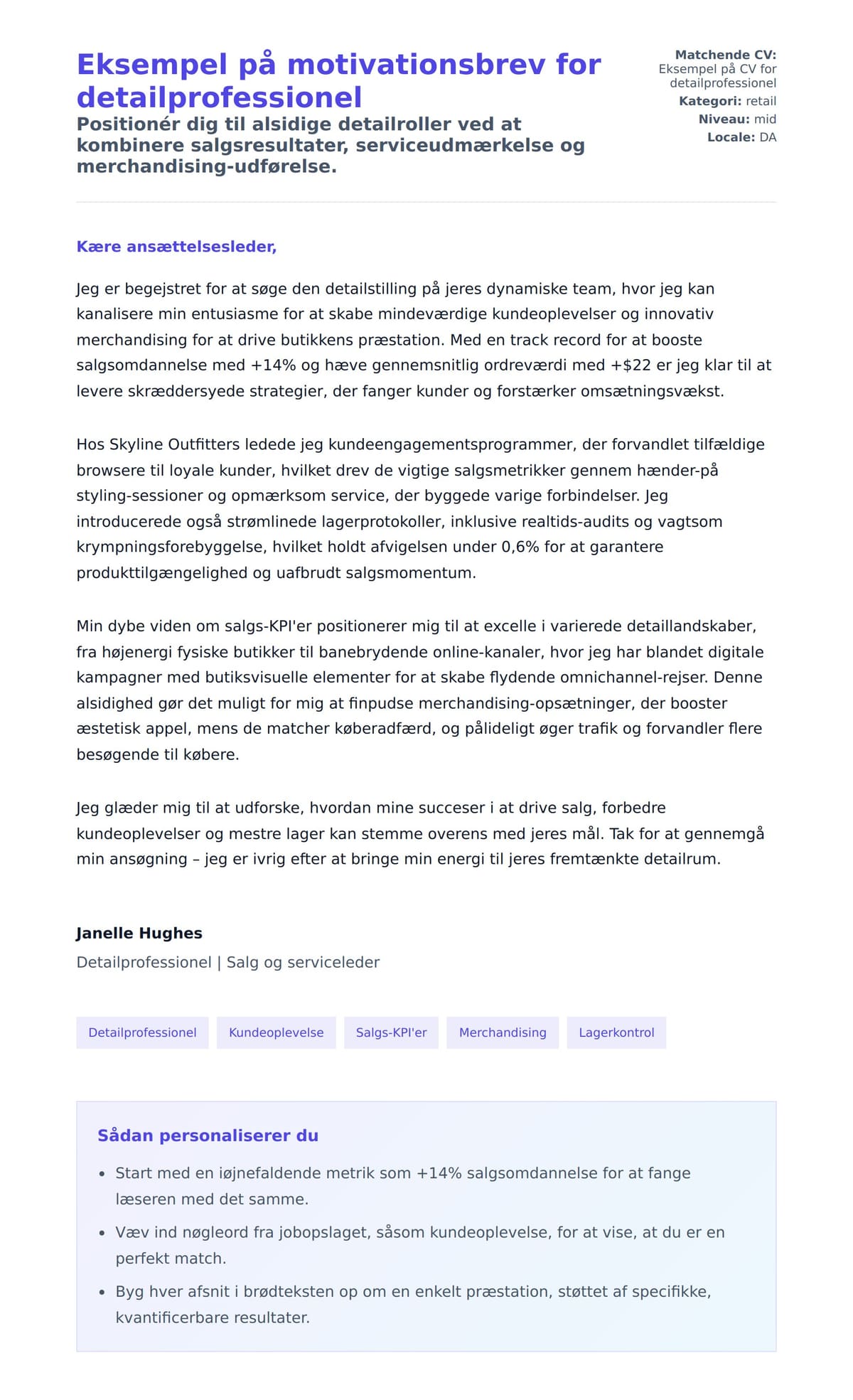 Ansøgningsbrev forhåndsvisning for Eksempel på motivationsbrev for detailprofessionel