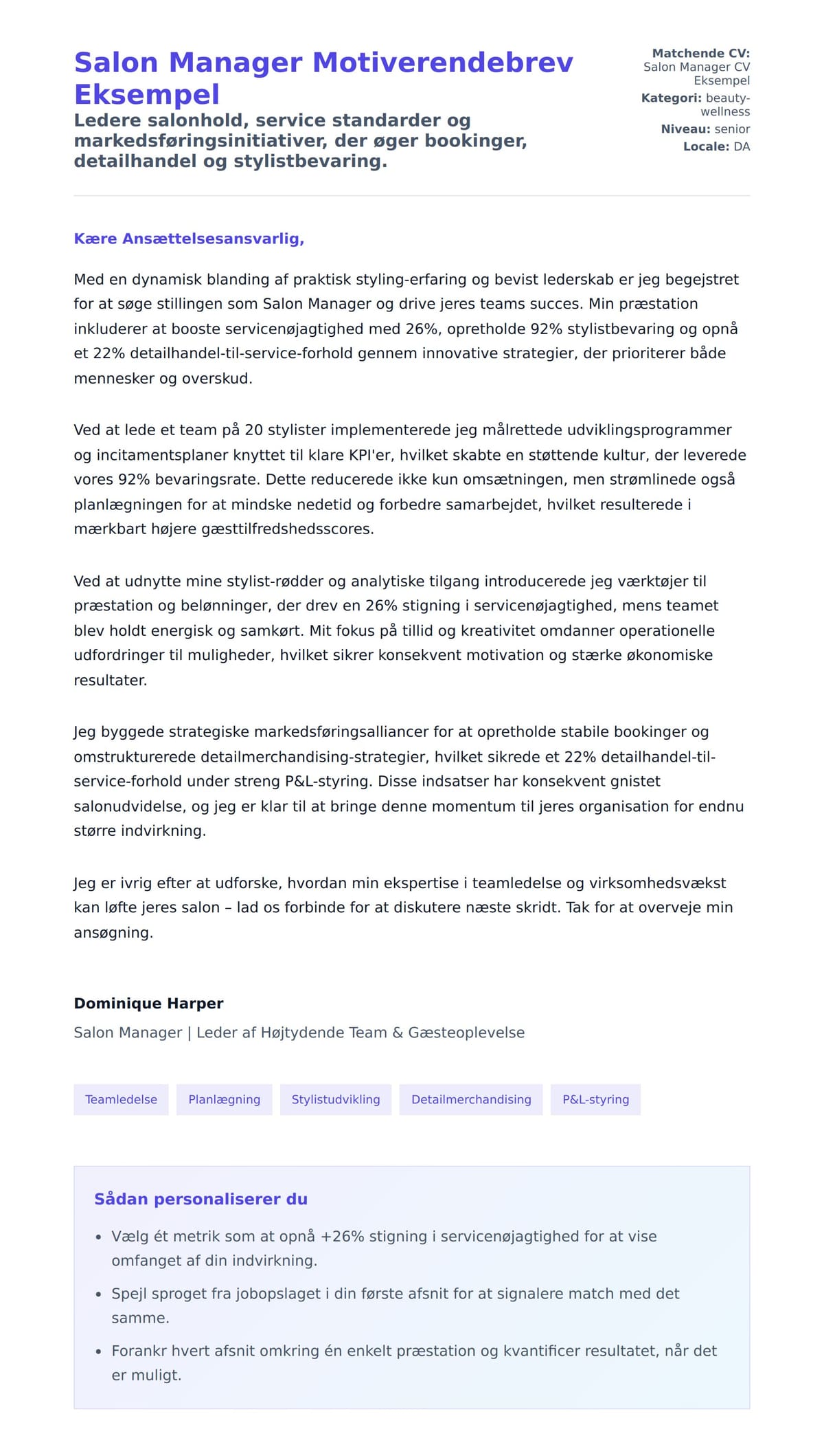 Ansøgningsbrev forhåndsvisning for Salon Manager Motiverendebrev Eksempel