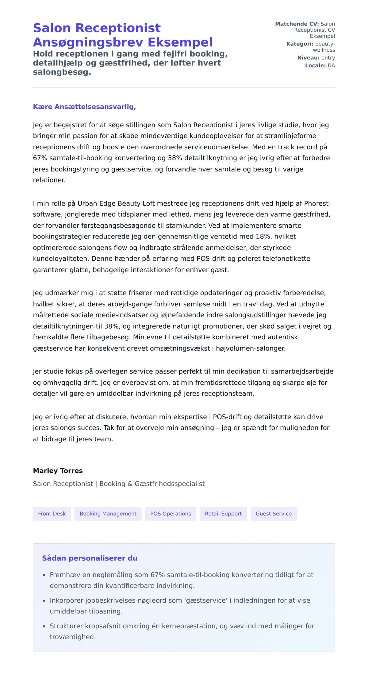 Ansøgningsbrev forhåndsvisning for Salon Receptionist Ansøgningsbrev Eksempel