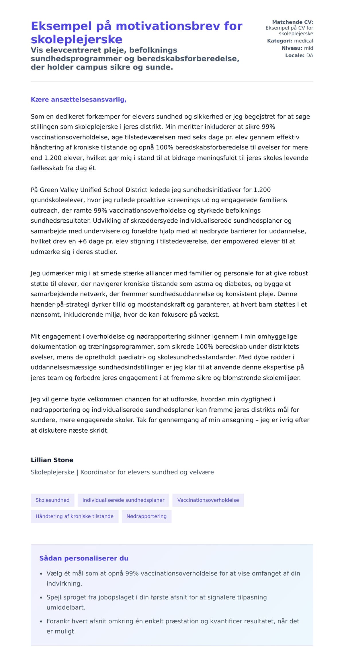Ansøgningsbrev forhåndsvisning for Eksempel på motivationsbrev for skoleplejerske