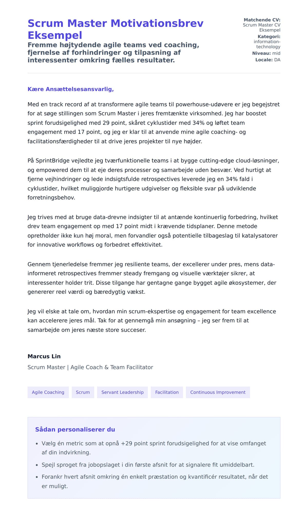 Ansøgningsbrev forhåndsvisning for Scrum Master Motivationsbrev Eksempel