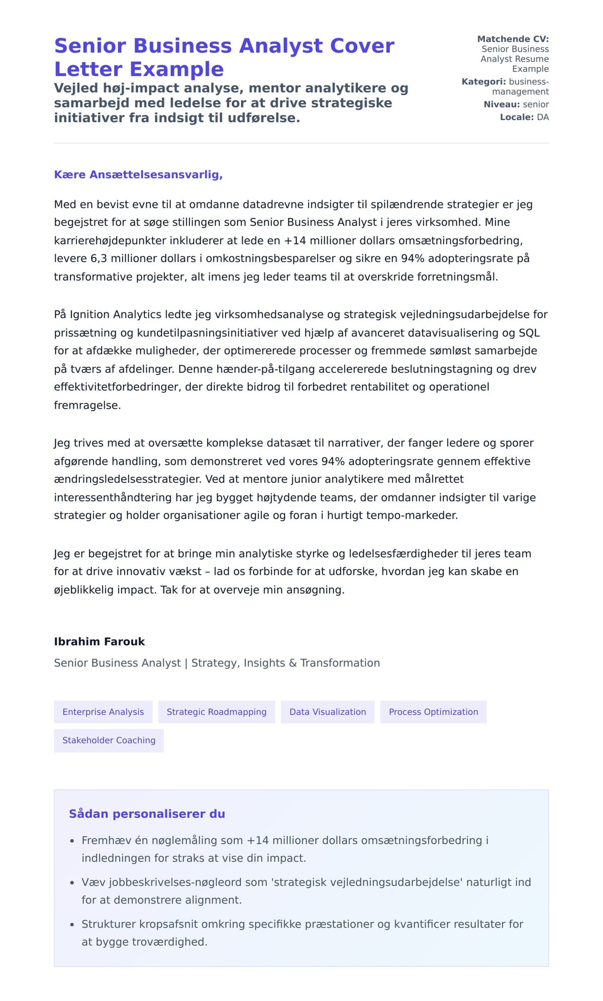 Ansøgningsbrev forhåndsvisning for Senior Business Analyst Cover Letter Example