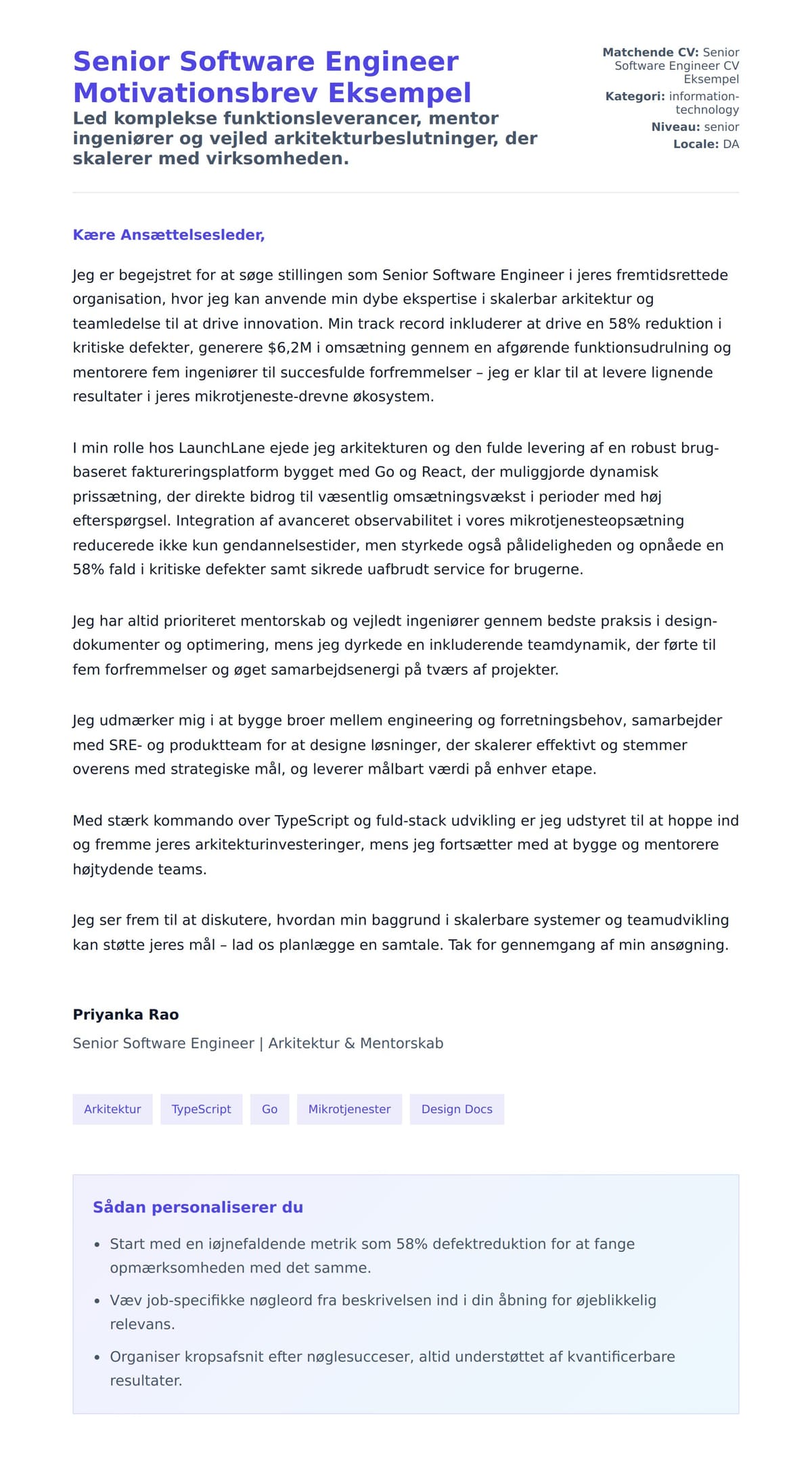 Ansøgningsbrev forhåndsvisning for Senior Software Engineer Motivationsbrev Eksempel