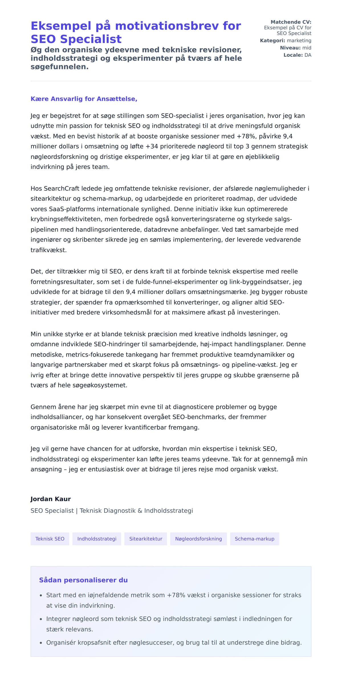 Ansøgningsbrev forhåndsvisning for Eksempel på motivationsbrev for SEO Specialist
