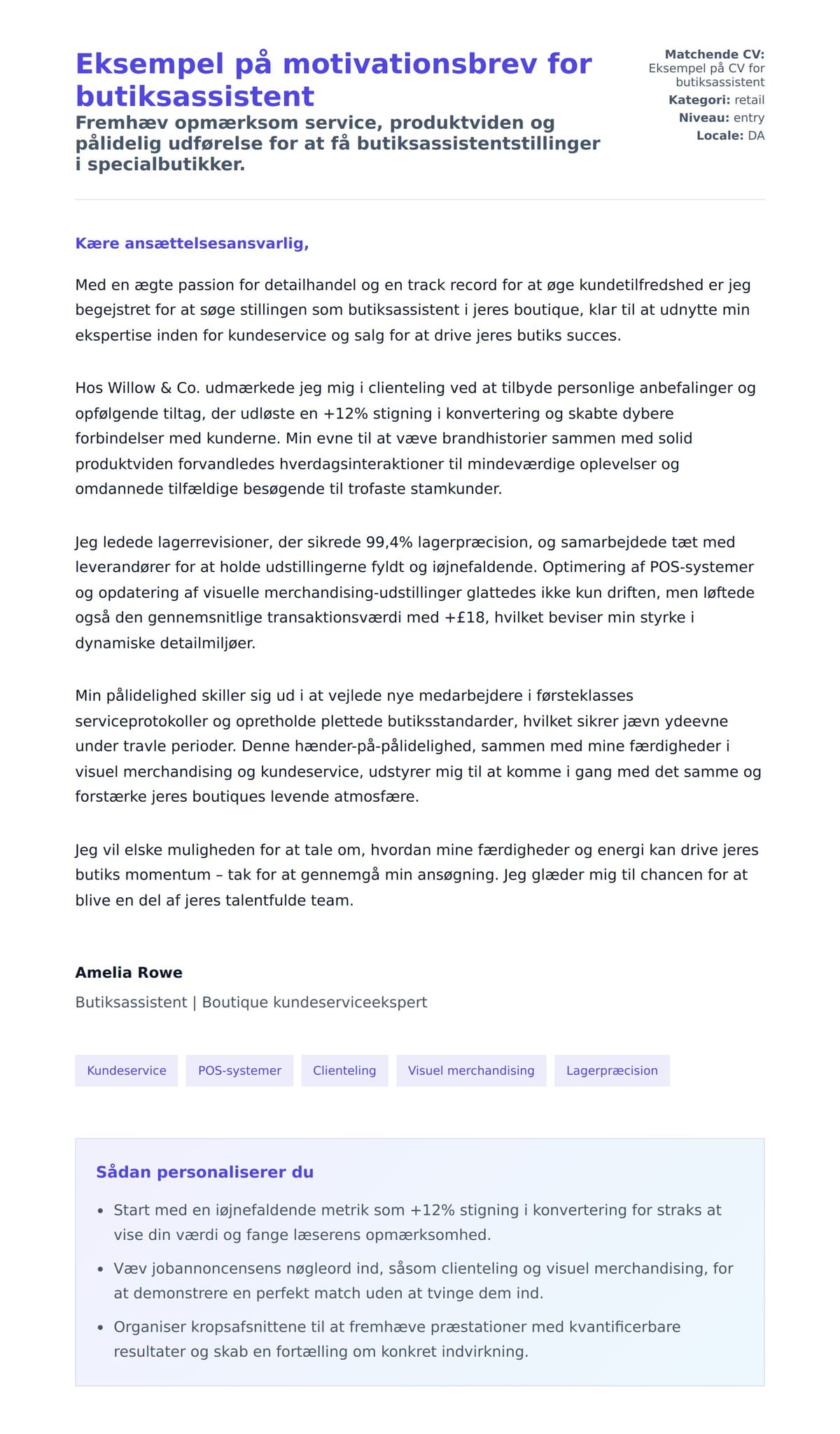 Ansøgningsbrev forhåndsvisning for Eksempel på motivationsbrev for butiksassistent