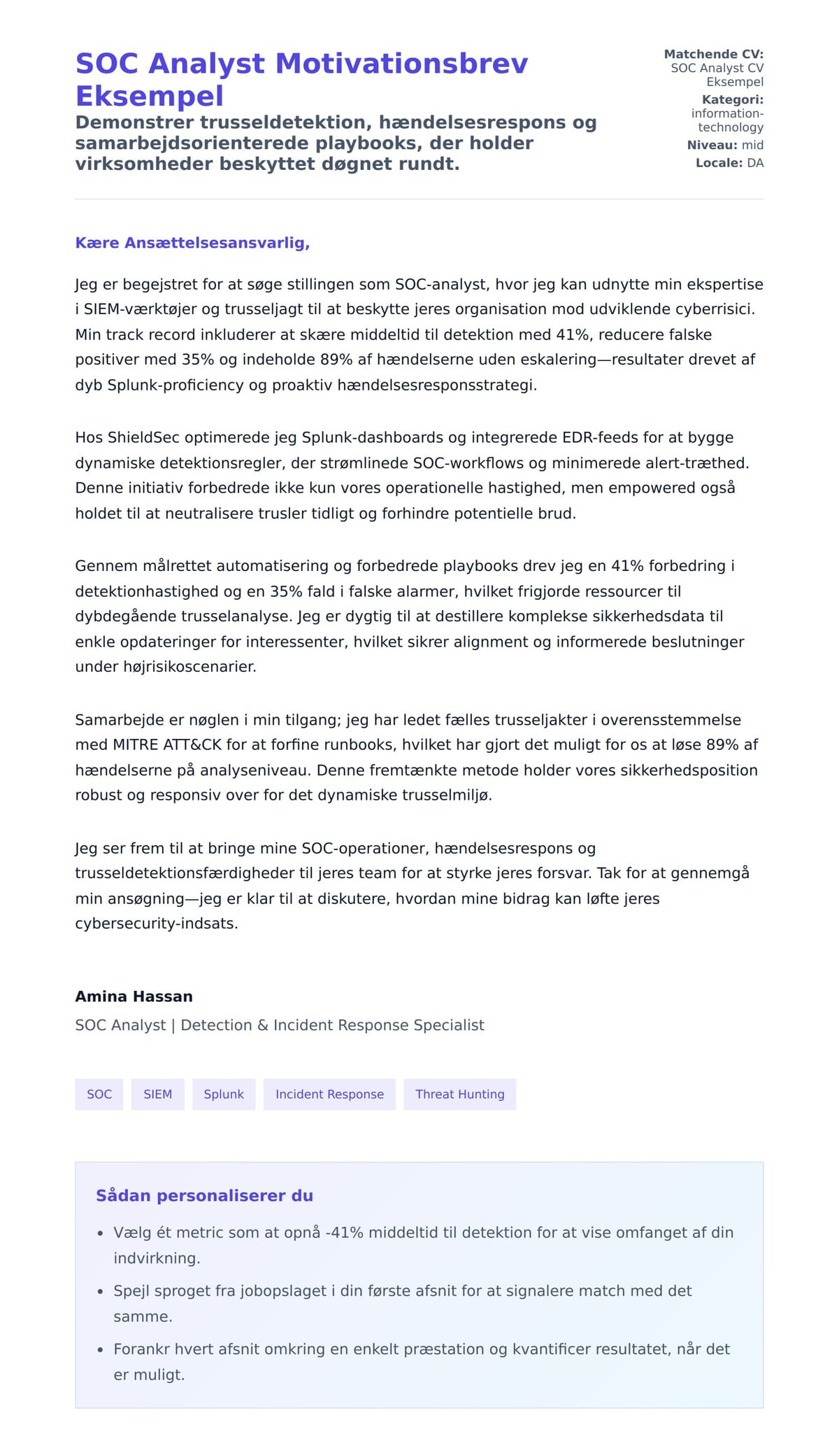 Ansøgningsbrev forhåndsvisning for SOC Analyst Motivationsbrev Eksempel
