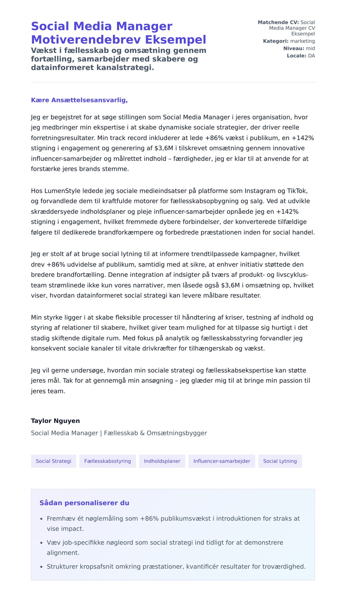 Ansøgningsbrev forhåndsvisning for Social Media Manager Motiverendebrev Eksempel