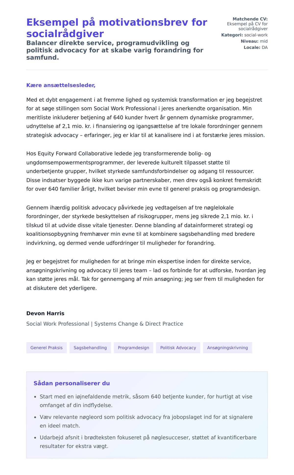 Ansøgningsbrev forhåndsvisning for Eksempel på motivationsbrev for socialrådgiver