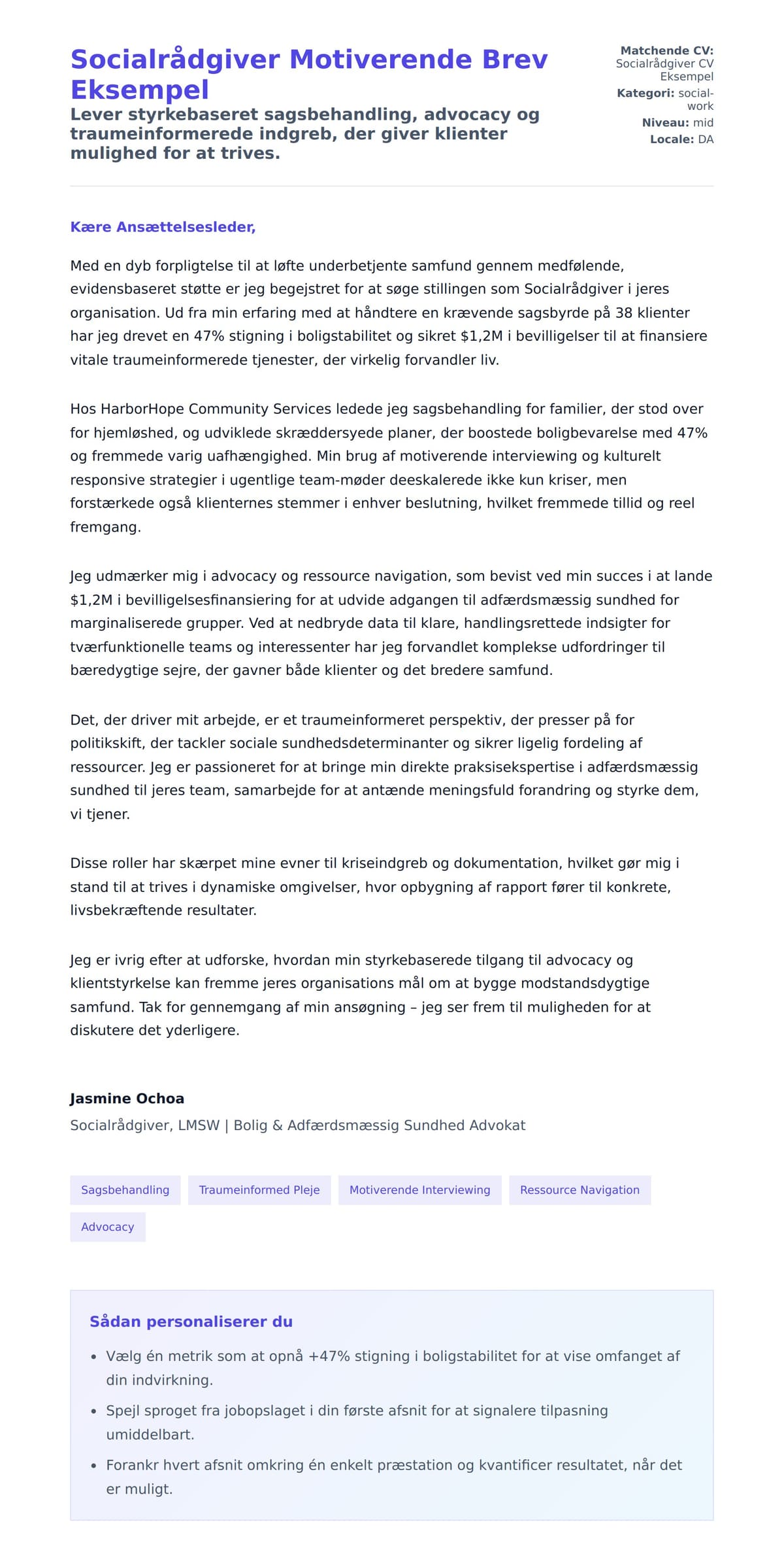 Ansøgningsbrev forhåndsvisning for Socialrådgiver Motiverende Brev Eksempel