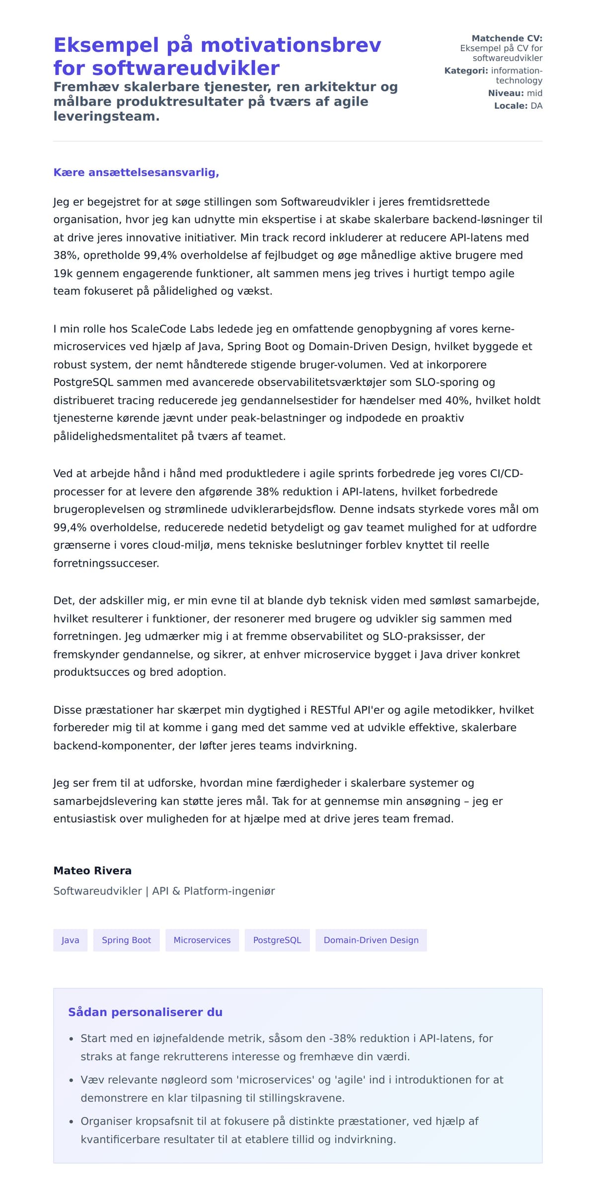 Ansøgningsbrev forhåndsvisning for Eksempel på motivationsbrev for softwareudvikler