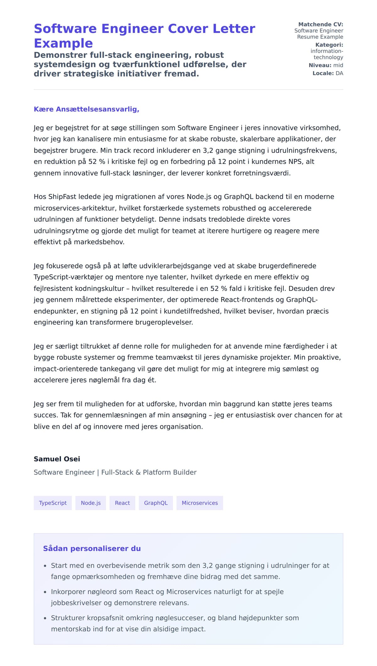 Ansøgningsbrev forhåndsvisning for Software Engineer Cover Letter Example
