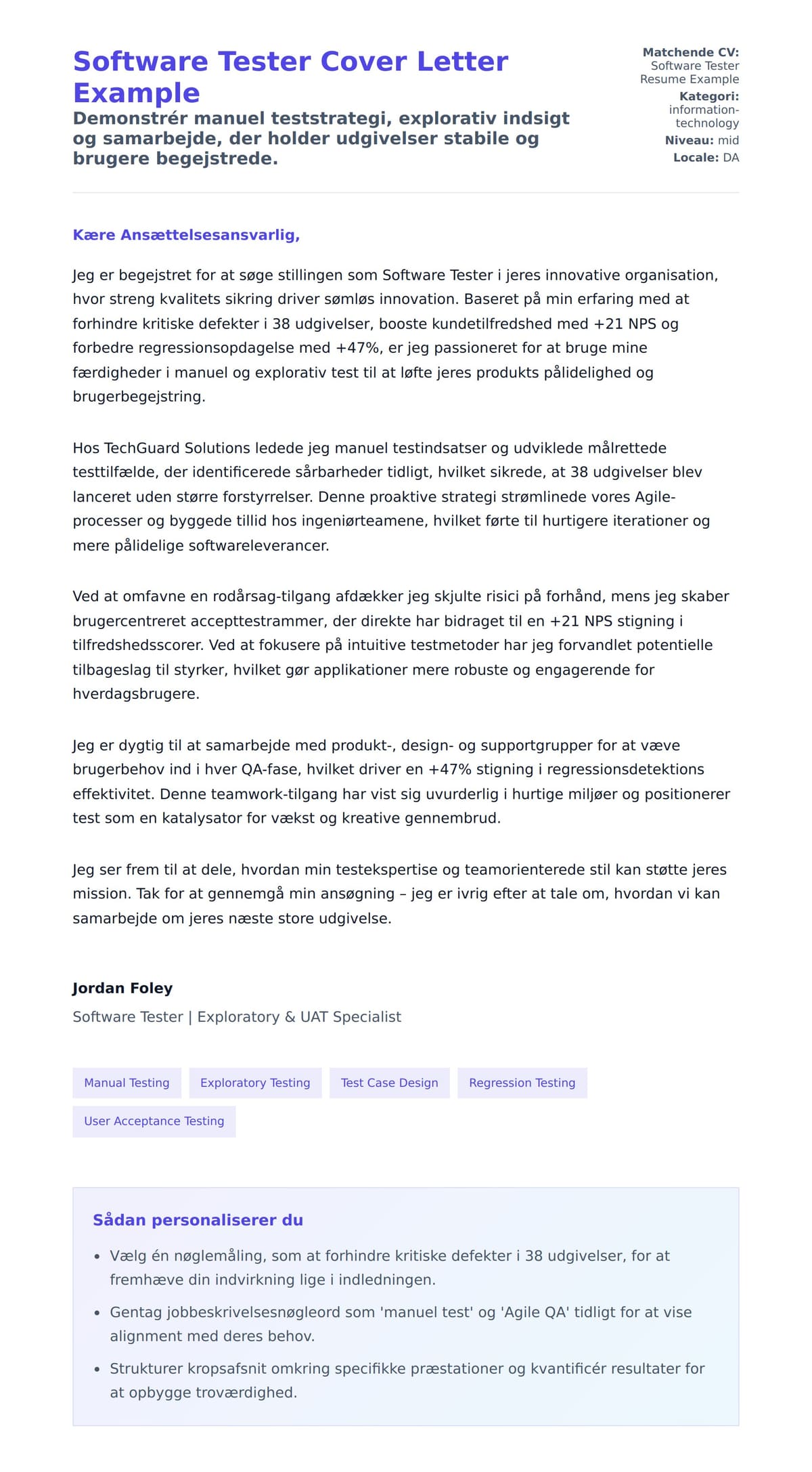 Ansøgningsbrev forhåndsvisning for Software Tester Cover Letter Example
