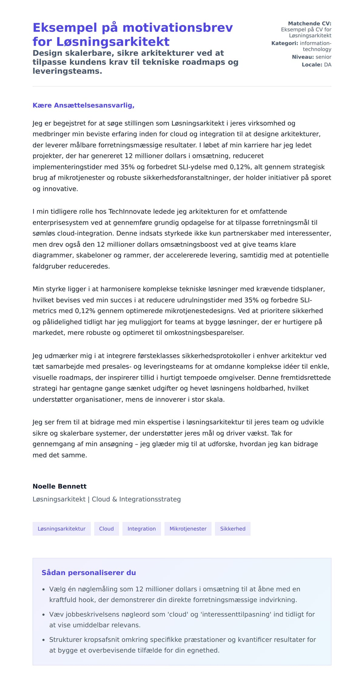 Ansøgningsbrev forhåndsvisning for Eksempel på motivationsbrev for Løsningsarkitekt