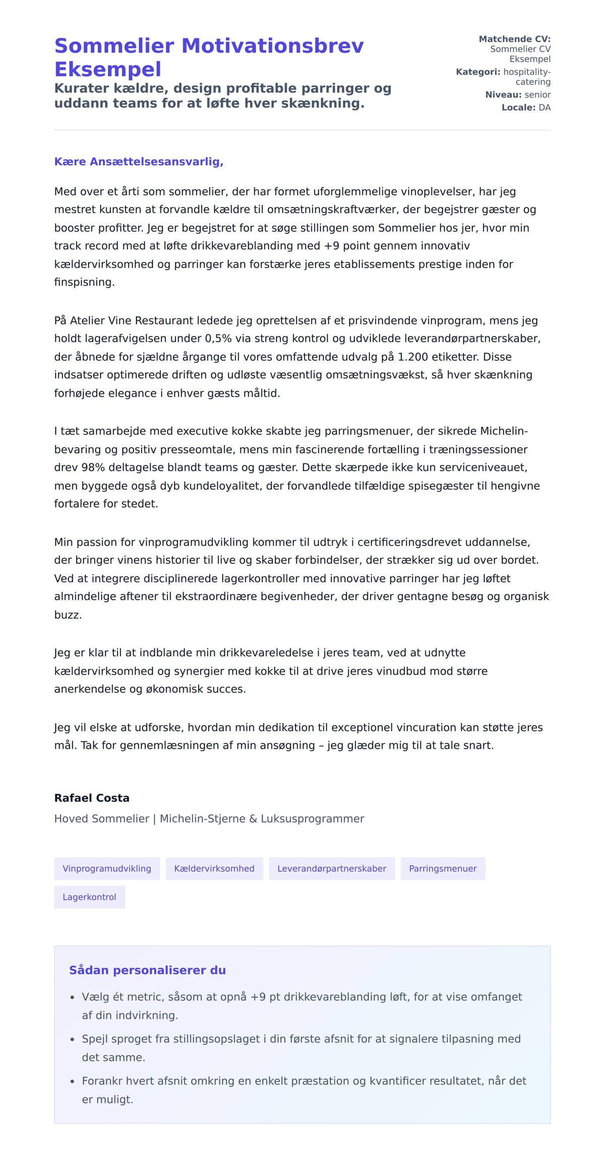 Ansøgningsbrev forhåndsvisning for Sommelier Motivationsbrev Eksempel