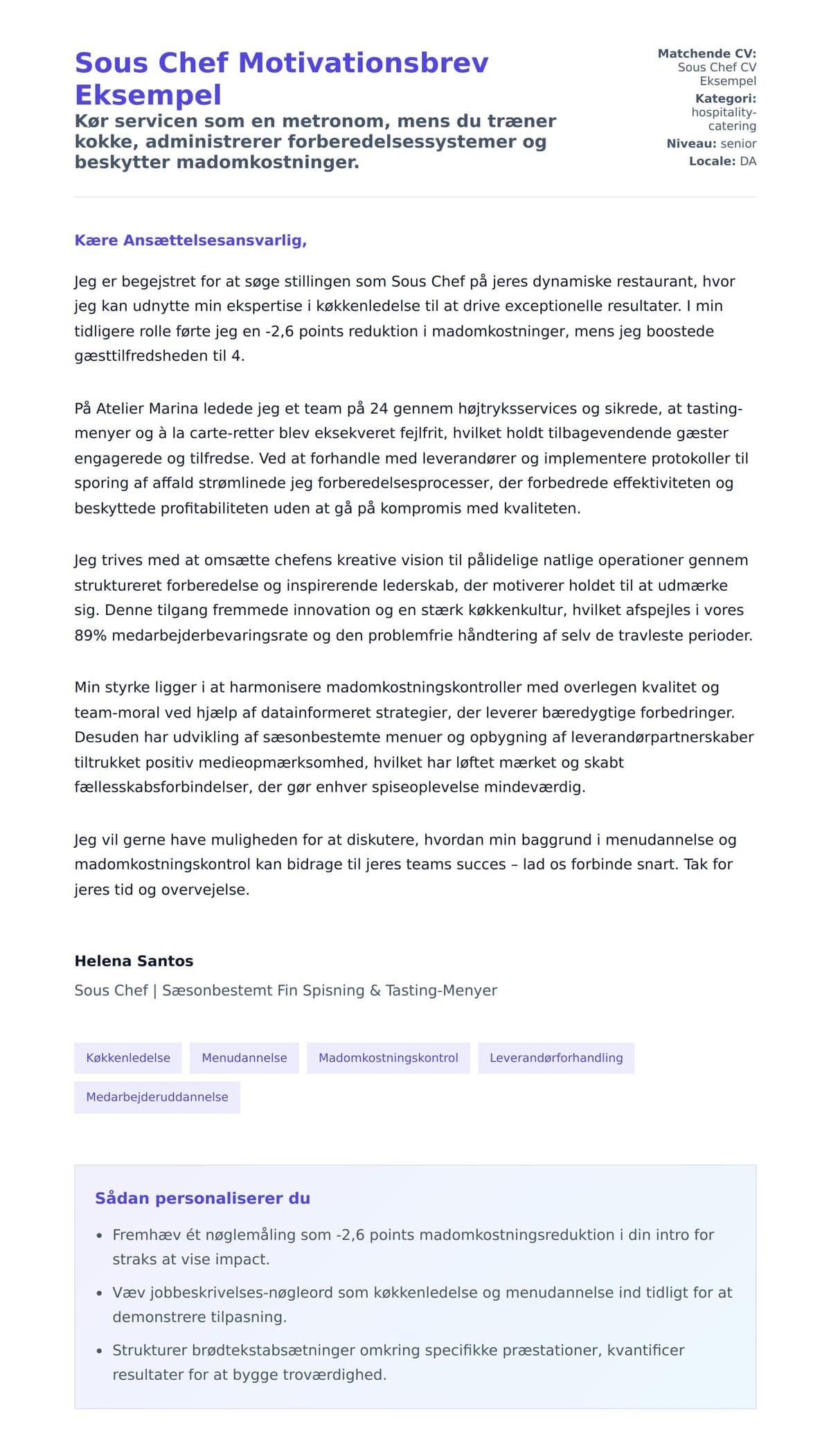 Ansøgningsbrev forhåndsvisning for Sous Chef Motivationsbrev Eksempel
