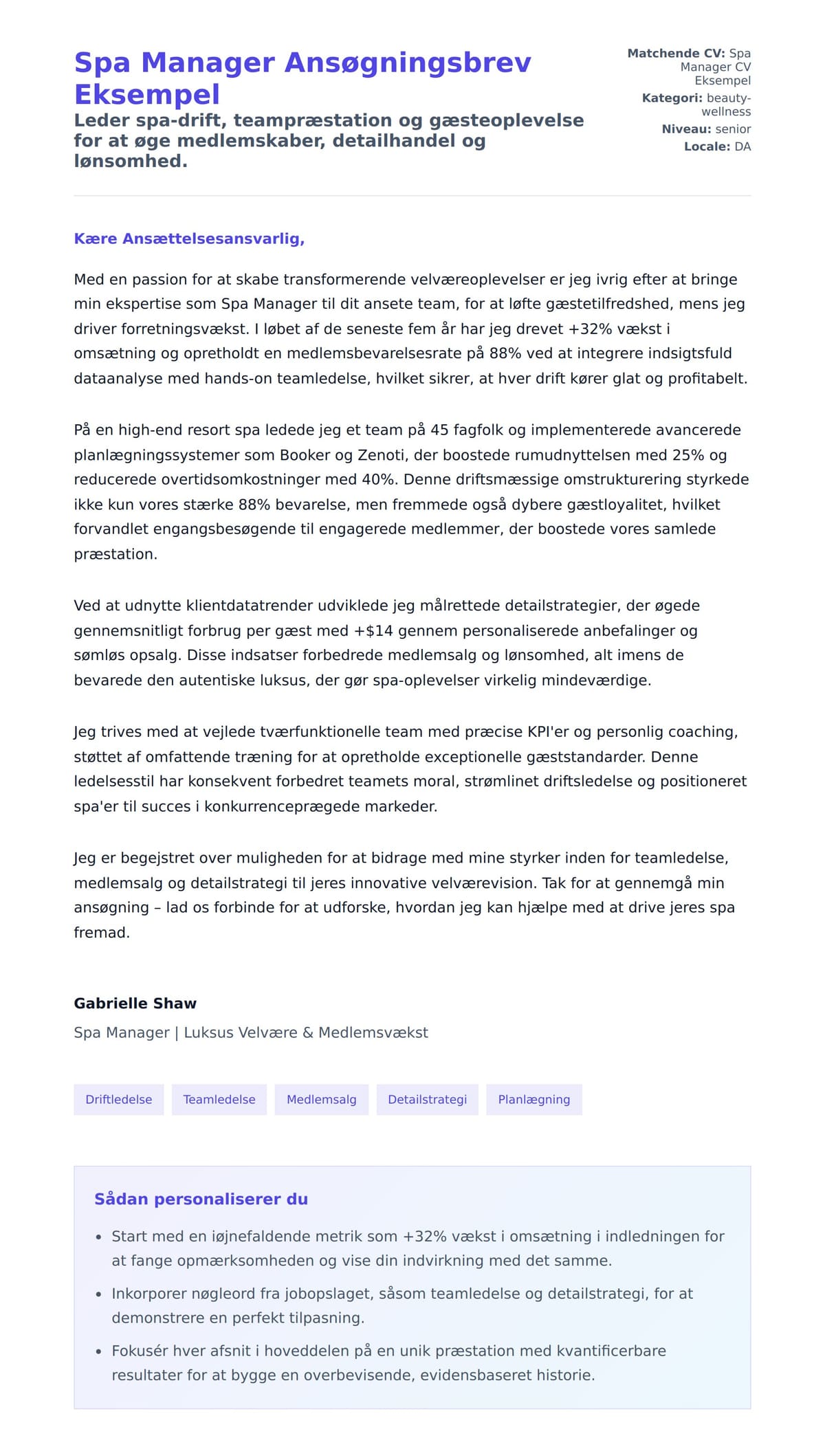 Ansøgningsbrev forhåndsvisning for Spa Manager Ansøgningsbrev Eksempel