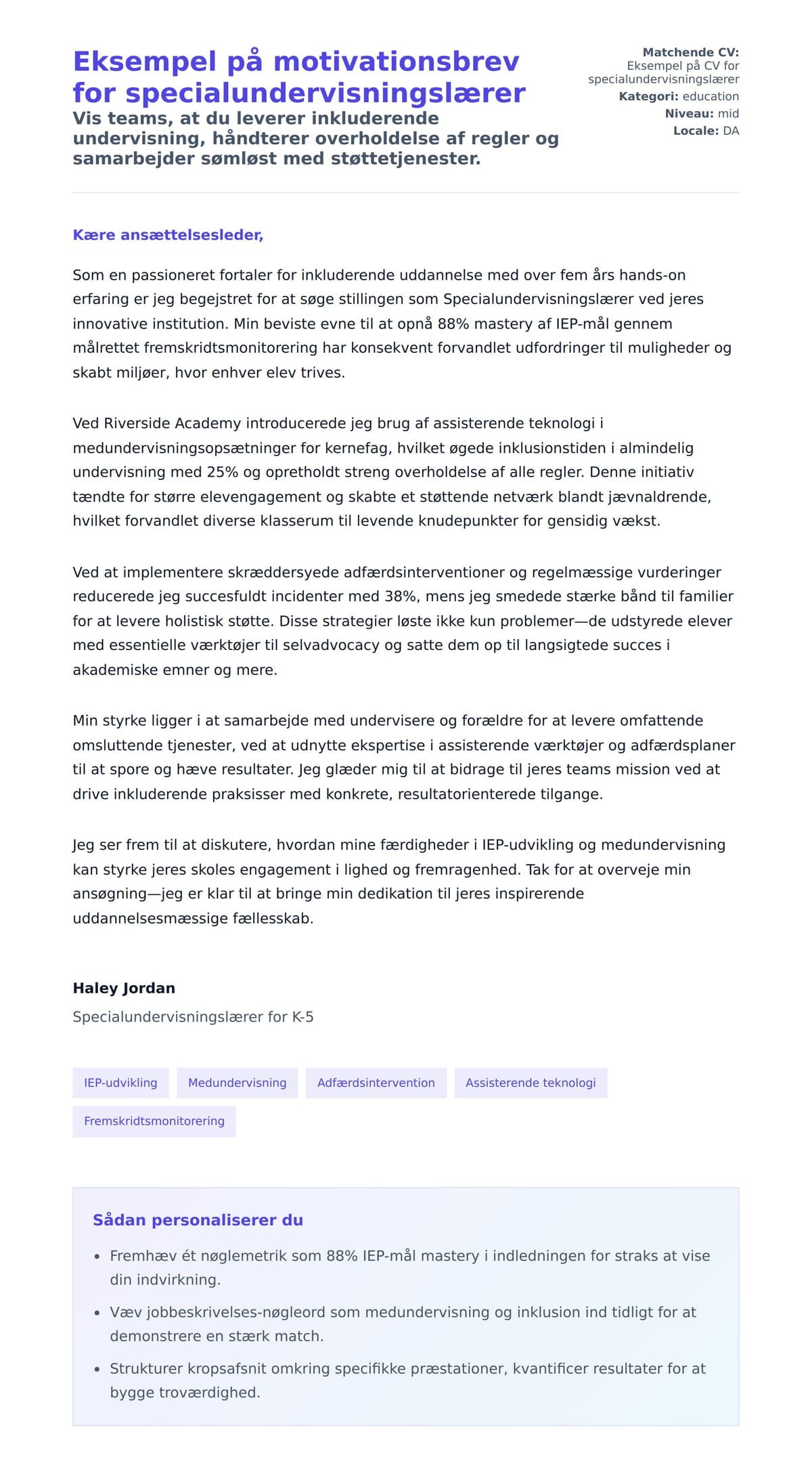 Ansøgningsbrev forhåndsvisning for Eksempel på motivationsbrev for specialundervisningslærer
