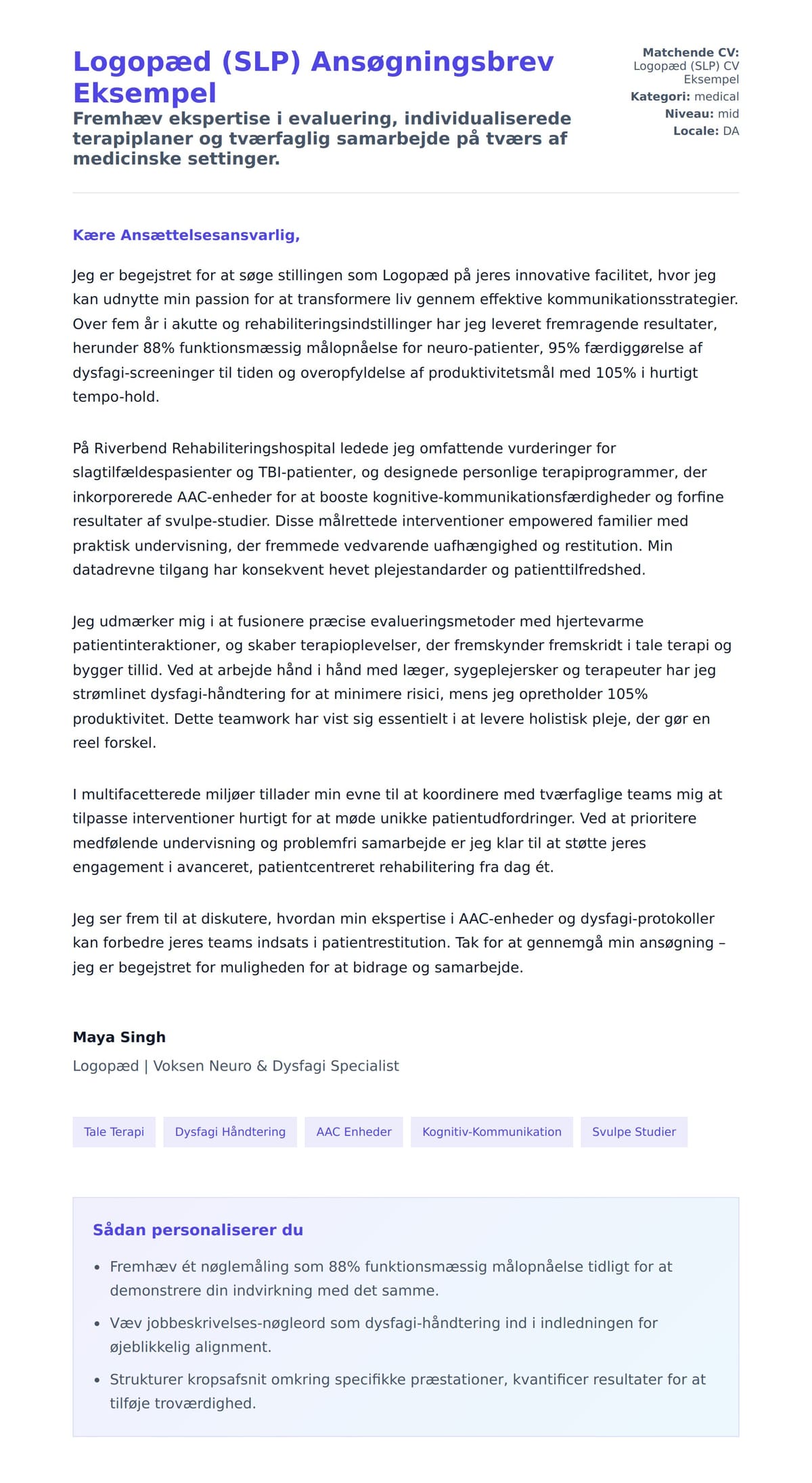 Ansøgningsbrev forhåndsvisning for Logopæd (SLP) Ansøgningsbrev Eksempel