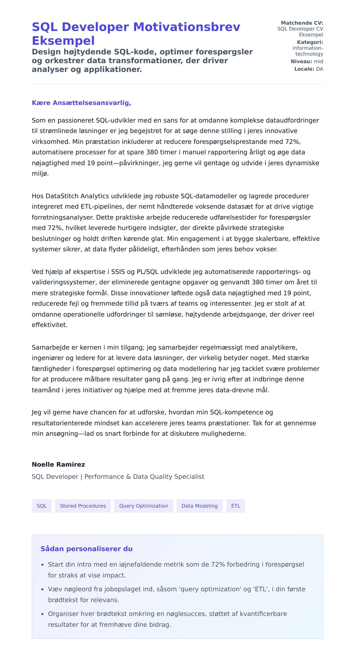 Ansøgningsbrev forhåndsvisning for SQL Developer Motivationsbrev Eksempel