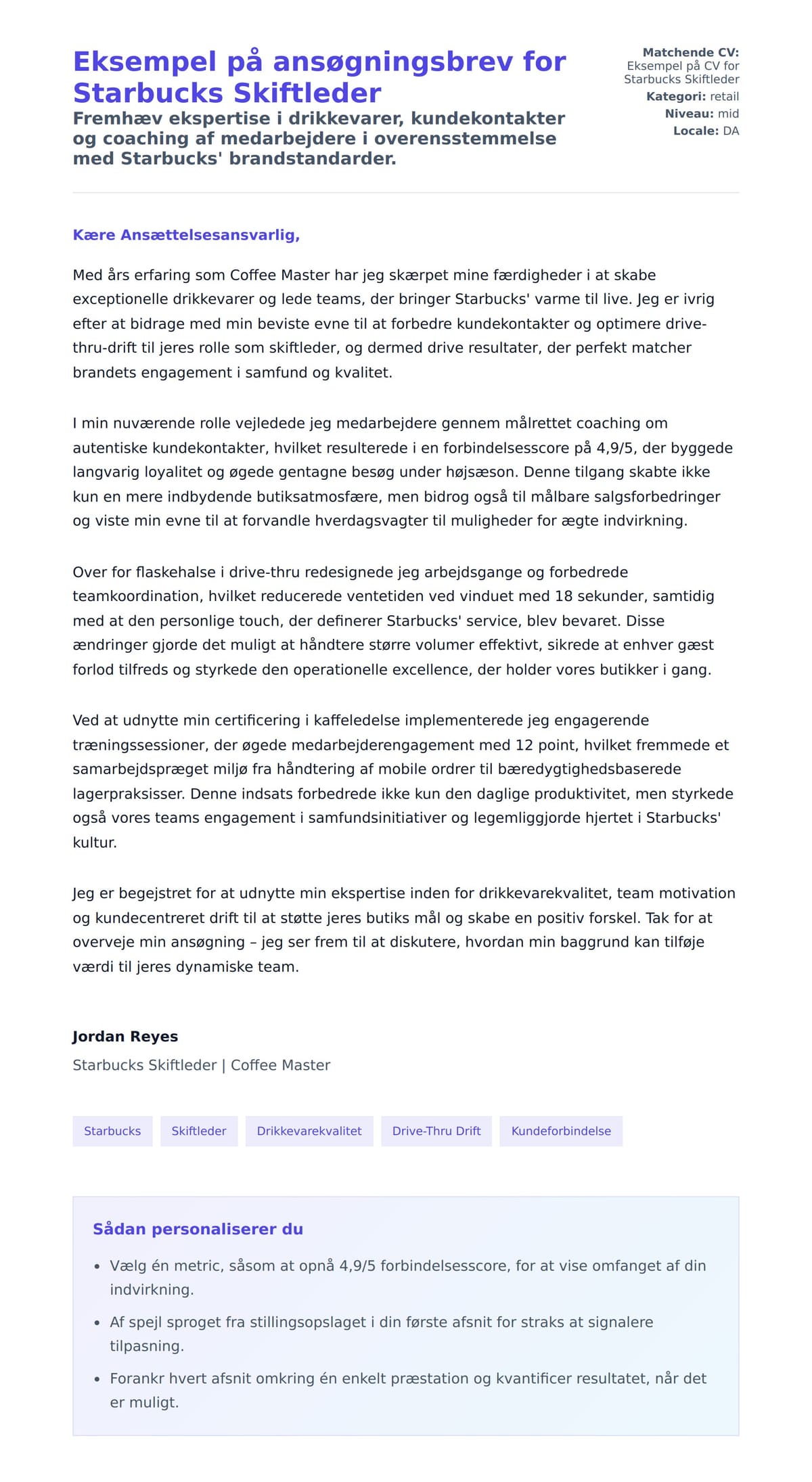 Ansøgningsbrev forhåndsvisning for Eksempel på ansøgningsbrev for Starbucks Skiftleder