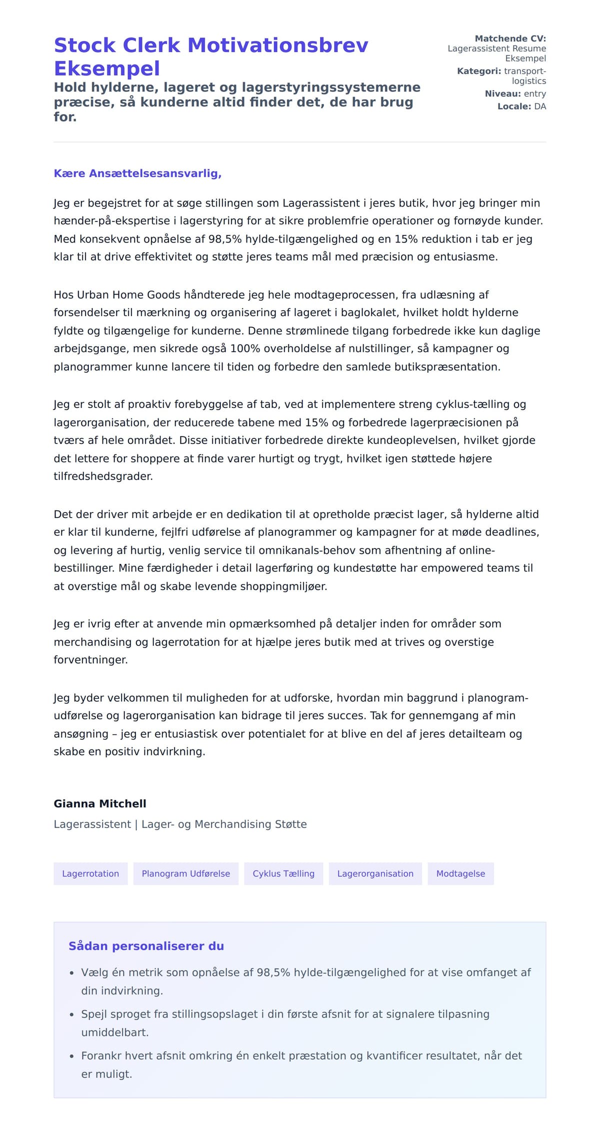 Ansøgningsbrev forhåndsvisning for Stock Clerk Motivationsbrev Eksempel