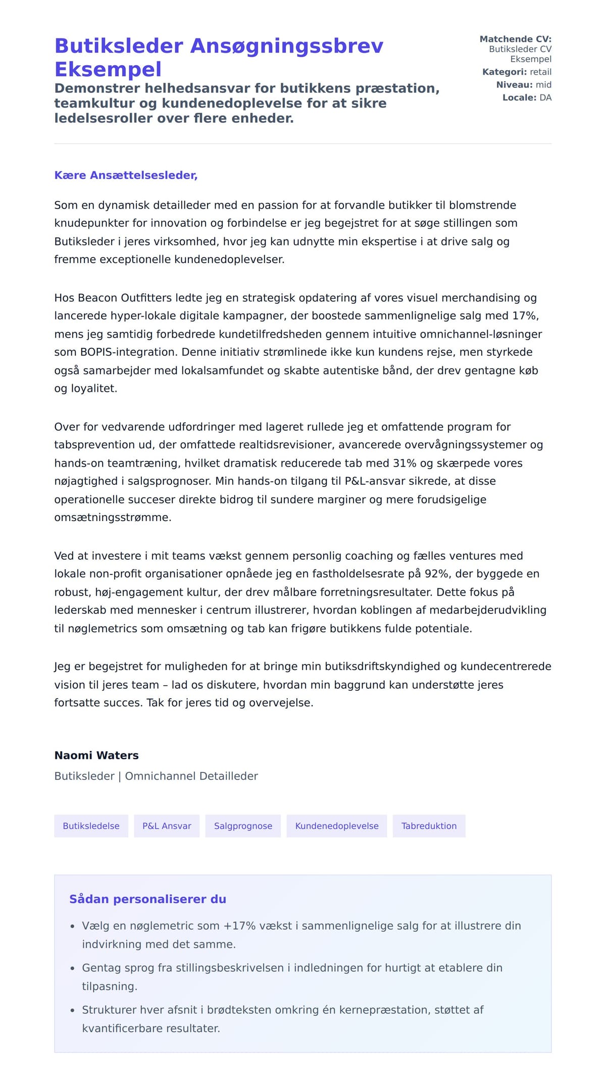 Ansøgningsbrev forhåndsvisning for Butiksleder Ansøgningssbrev Eksempel