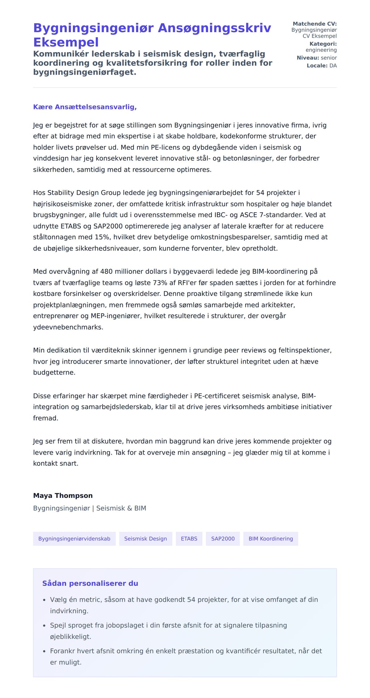 Ansøgningsbrev forhåndsvisning for Bygningsingeniør Ansøgningsskriv Eksempel