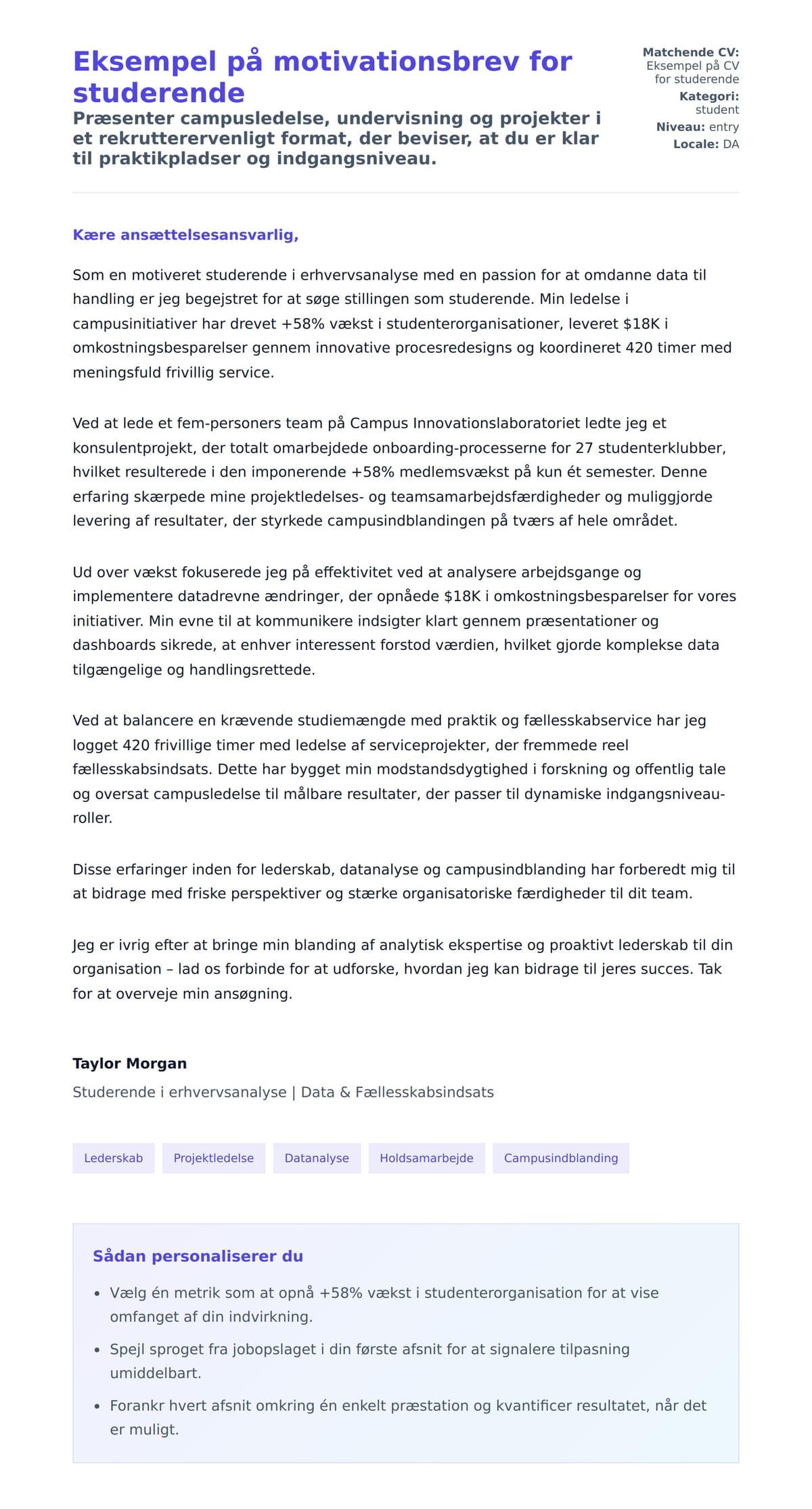 Ansøgningsbrev forhåndsvisning for Eksempel på motivationsbrev for studerende