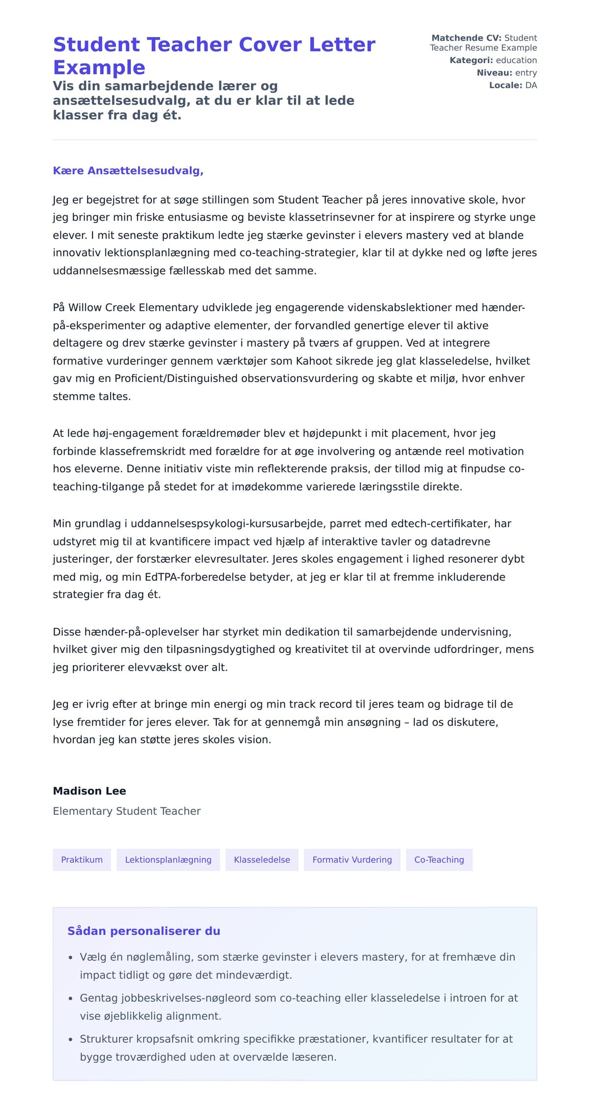 Ansøgningsbrev forhåndsvisning for Student Teacher Cover Letter Example