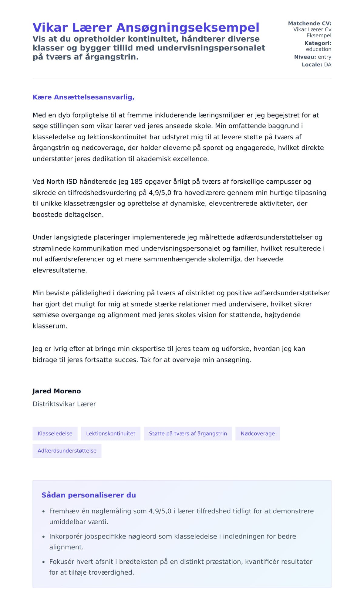 Ansøgningsbrev forhåndsvisning for Vikar Lærer Ansøgningseksempel